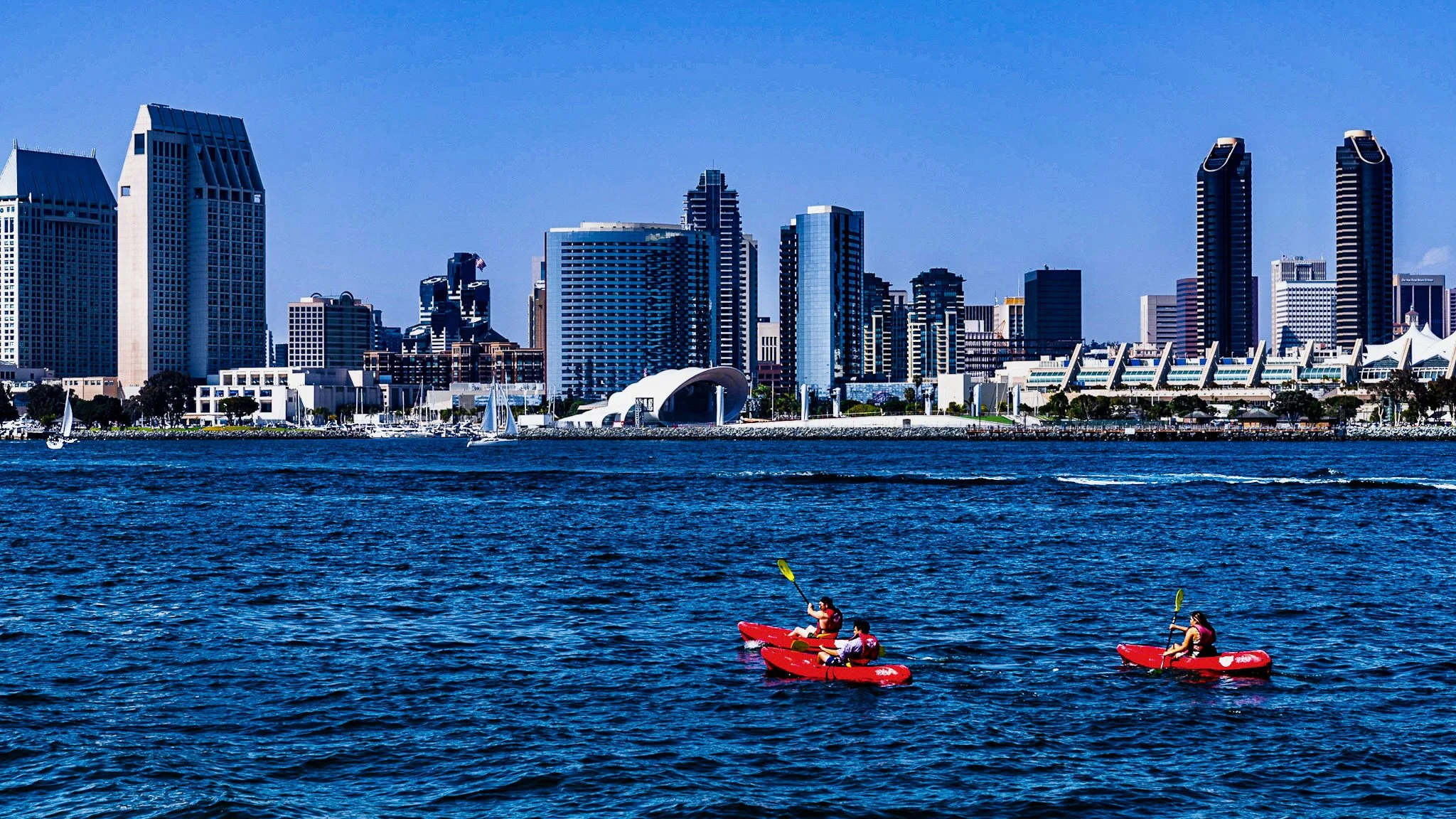 Two people kayaking on the water with the city skyline of San Diego, California in the background.