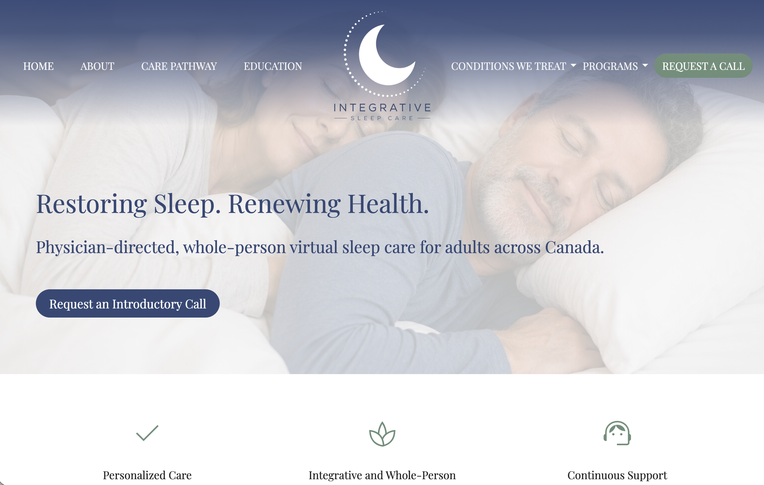 A website homepage for Integrative Sleep Care showing a man and woman sleeping peacefully in bed with the text "Restoring Sleep. Renewing Health." and options to request a call or learn about sleep care services.