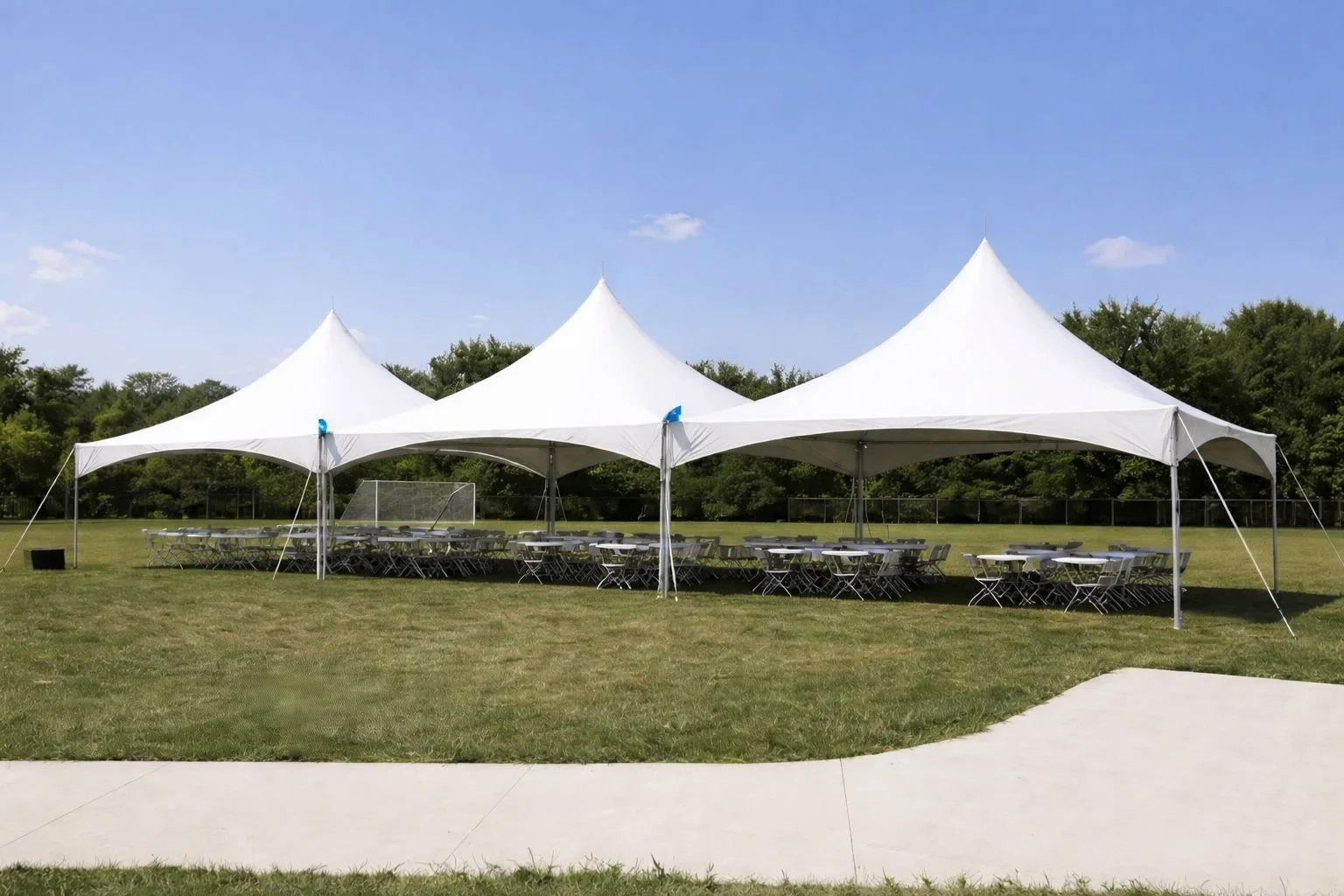 Large outdoor event tent set up on a grassy field with tables and chairs underneath, surrounded by trees and a blue sky.
