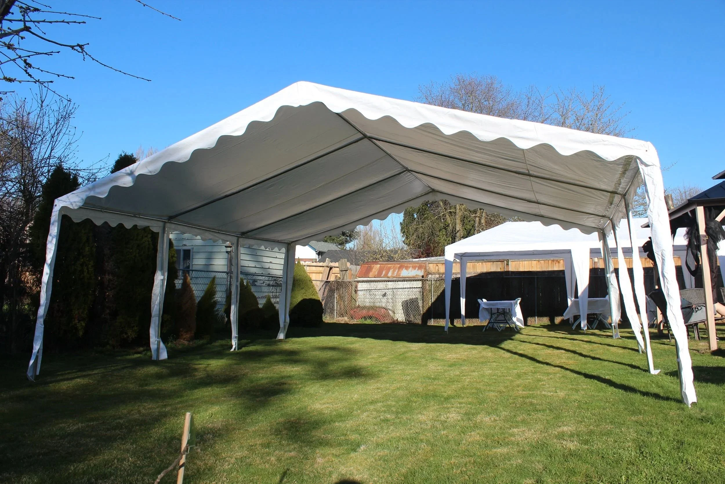 A large white outdoor canopy tent set up on a lawn in a backyard with chairs and tables underneath, surrounded by trees and a clear blue sky.