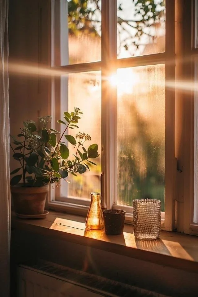 Sunlight shining through a window onto a wooden windowsill with a potted plant and three glass bottles and a glass cup.