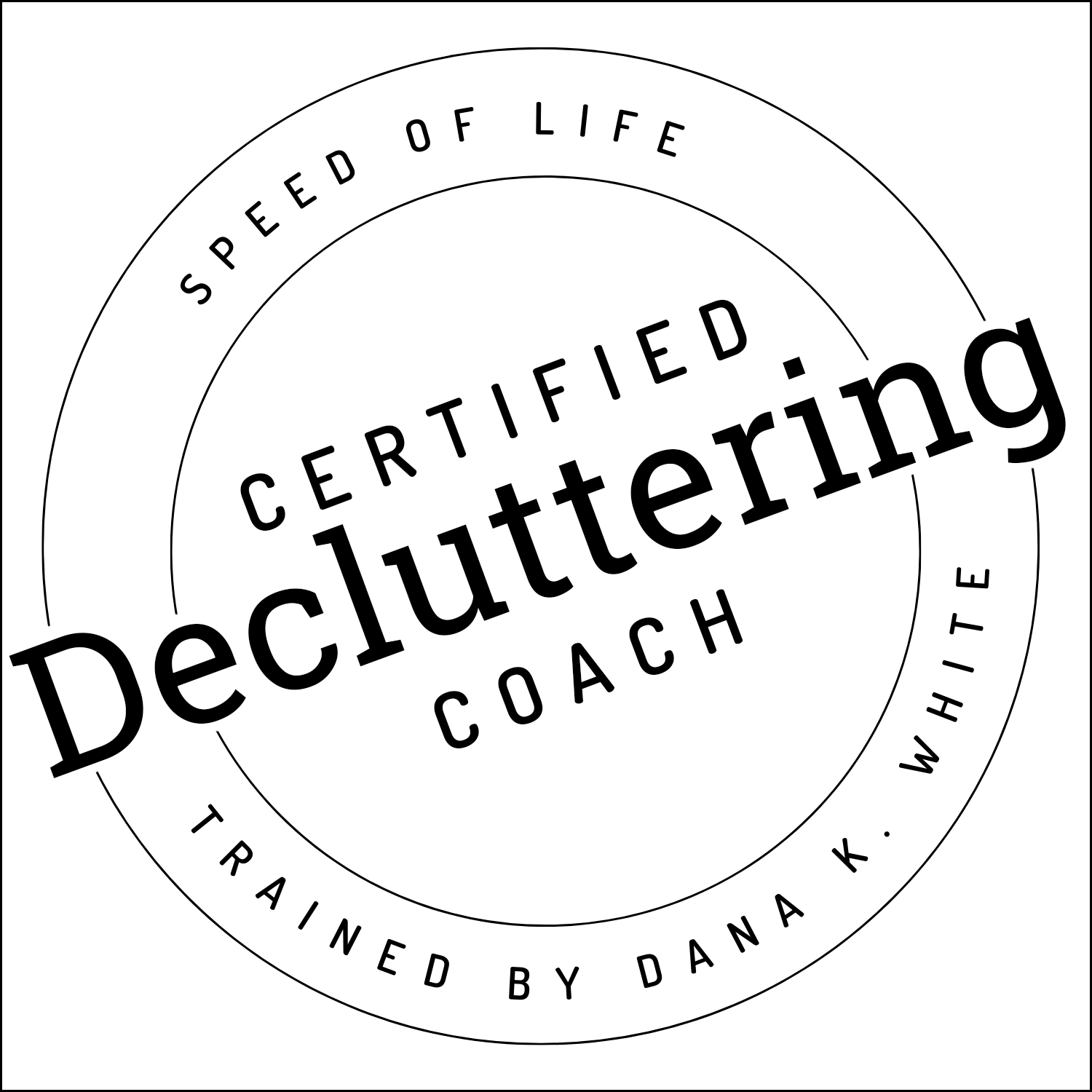 A circular logo with the text 'Certified Decluttering Coach' in the center, surrounded by the phrases 'Speed of Life', 'Whack', 'Train', and 'By Dana K.' in concentric circles.