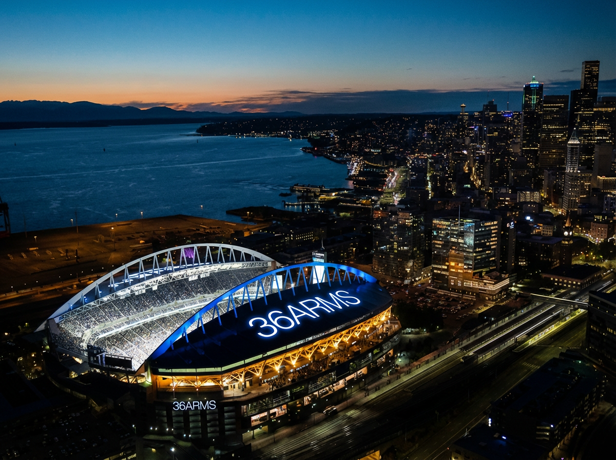 Aerial view of Seattle skyline at dusk, featuring Lumen Field stadium illuminated with '36ARMS' sign, with water and mountains in the background.