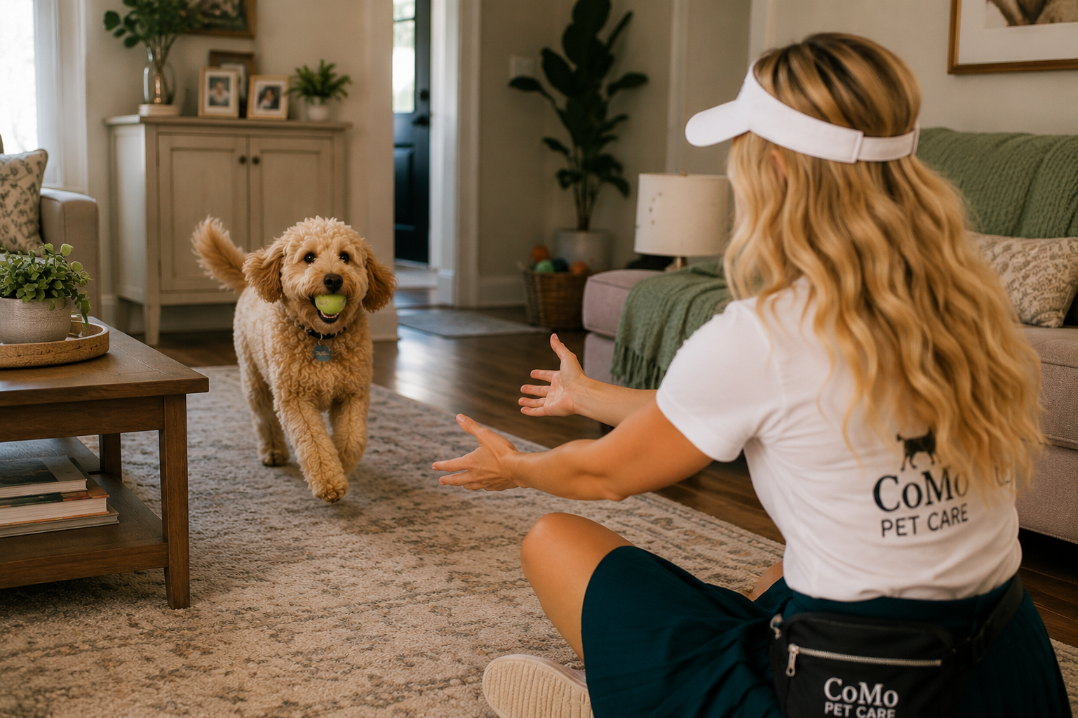 A woman with long blonde hair, wearing a white visor and a CoMo Pet Care t-shirt, is sitting on a rug in a living room, reaching out towards a small fluffy dog carrying a green tennis ball in its mouth. The dog is walking towards her on a wooden floor, with indoor furniture and plants in the background.