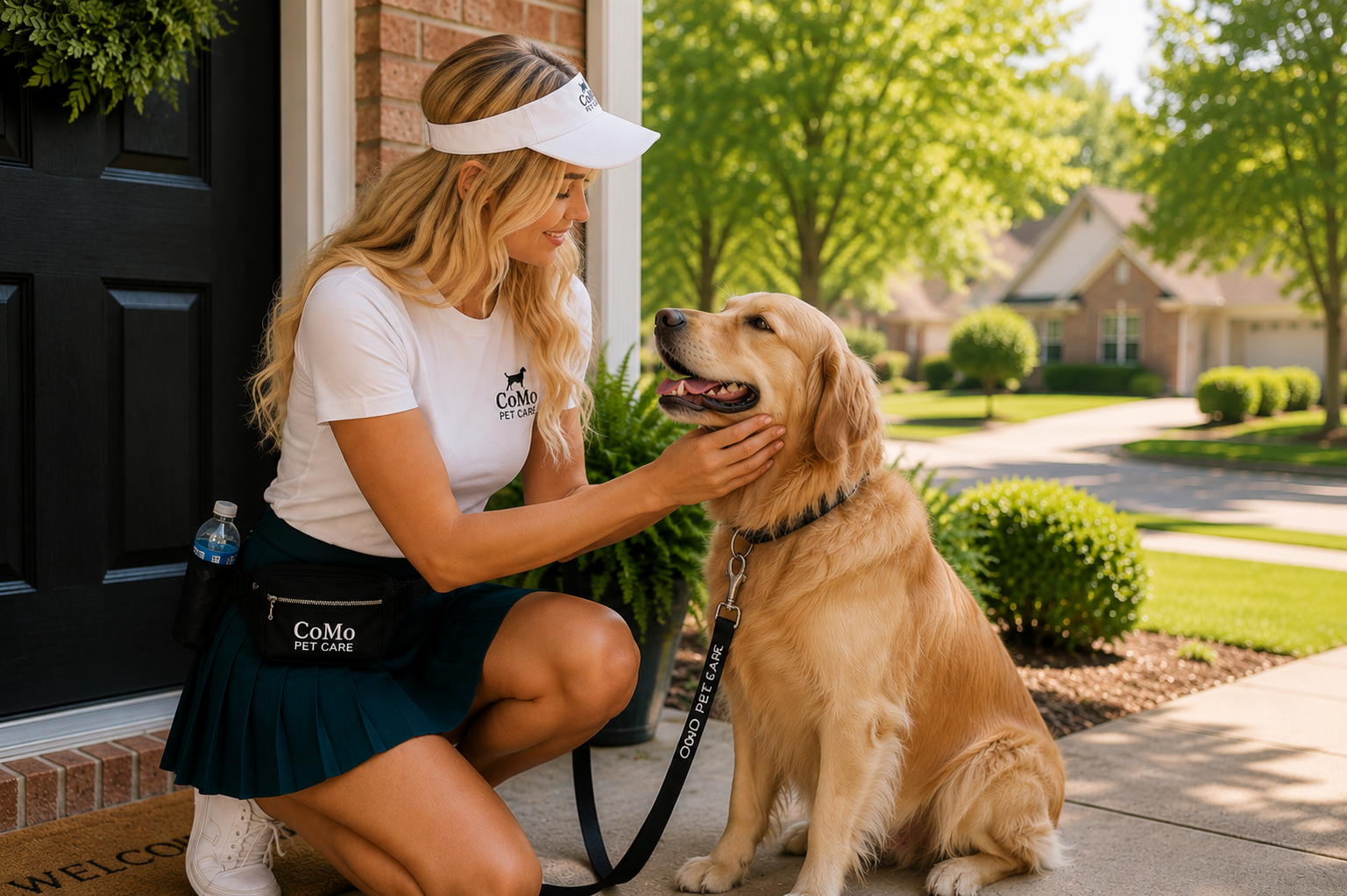 A woman with long blonde hair wearing a white CoMo Pet Care shirt and visor kneels outside a house, smiling while gently holding a golden retriever's chin. The dog is sitting on the porch with a black collar and leash, looking up at the woman. The sunny neighborhood has green trees and well-maintained lawns.