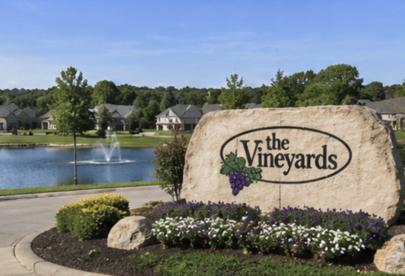 The Vineyards neighborhood entrance sign with landscaped flowers and lake in Columbia, MO