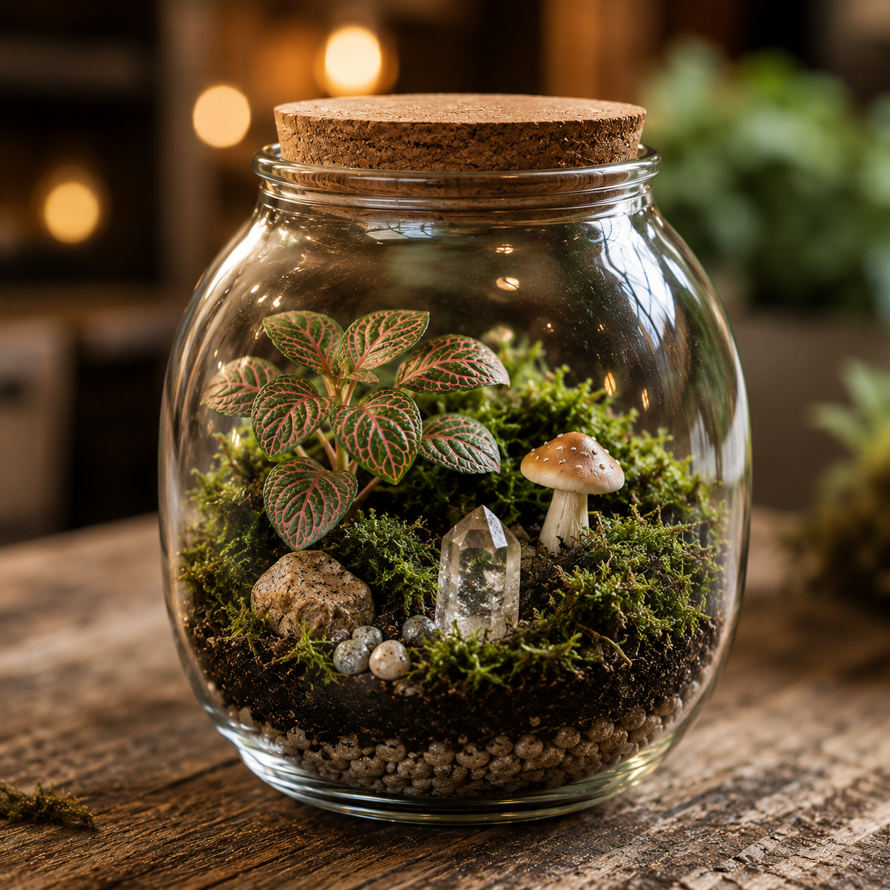A glass terrarium with a cork lid containing a small leafy plant, a mushroom, a clear crystal point, rocks, moss, and small decorative stones on top of soil.