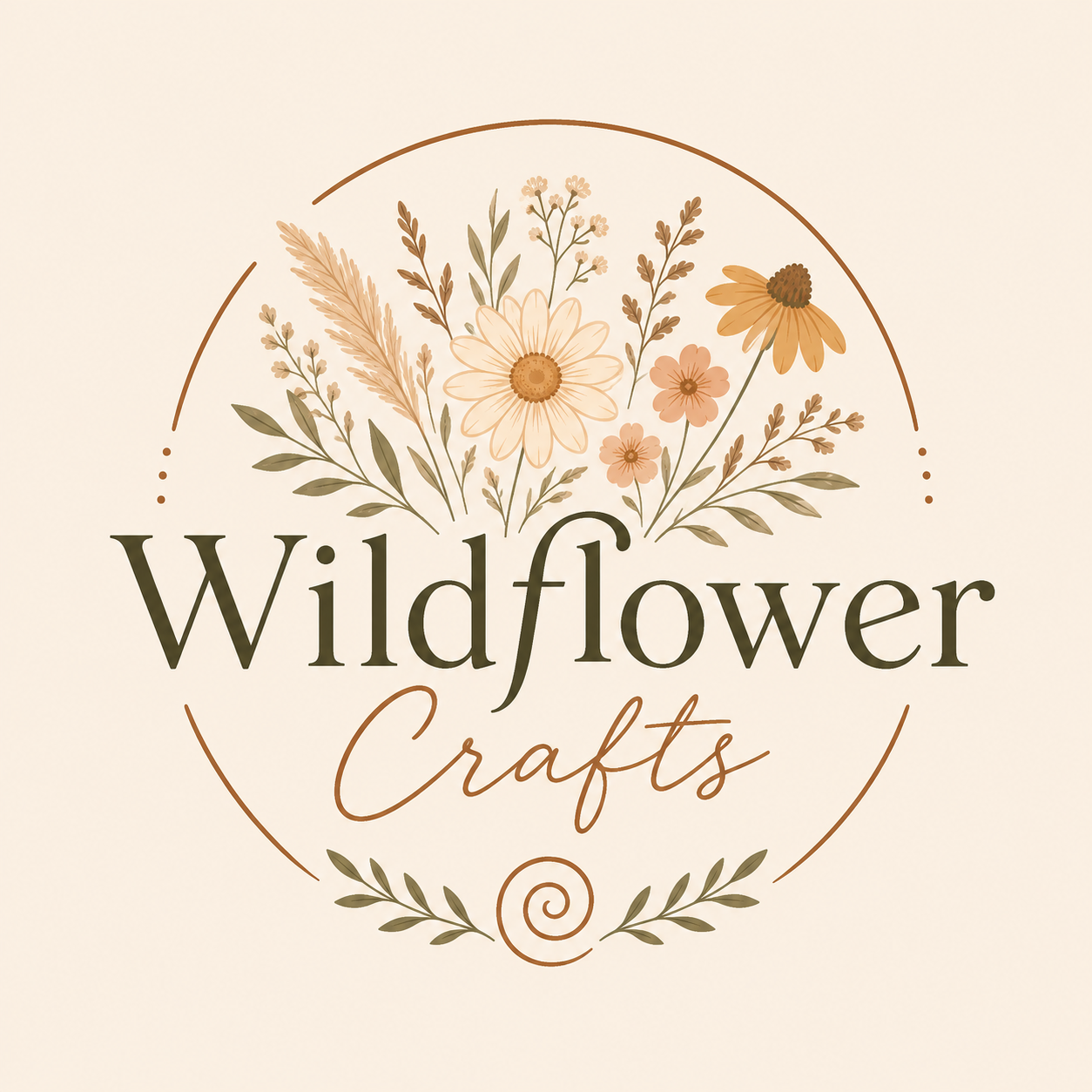 Logo for Wildflower Crafts with illustrated flowers and the text 'Wildflower Crafts' in elegant fonts.