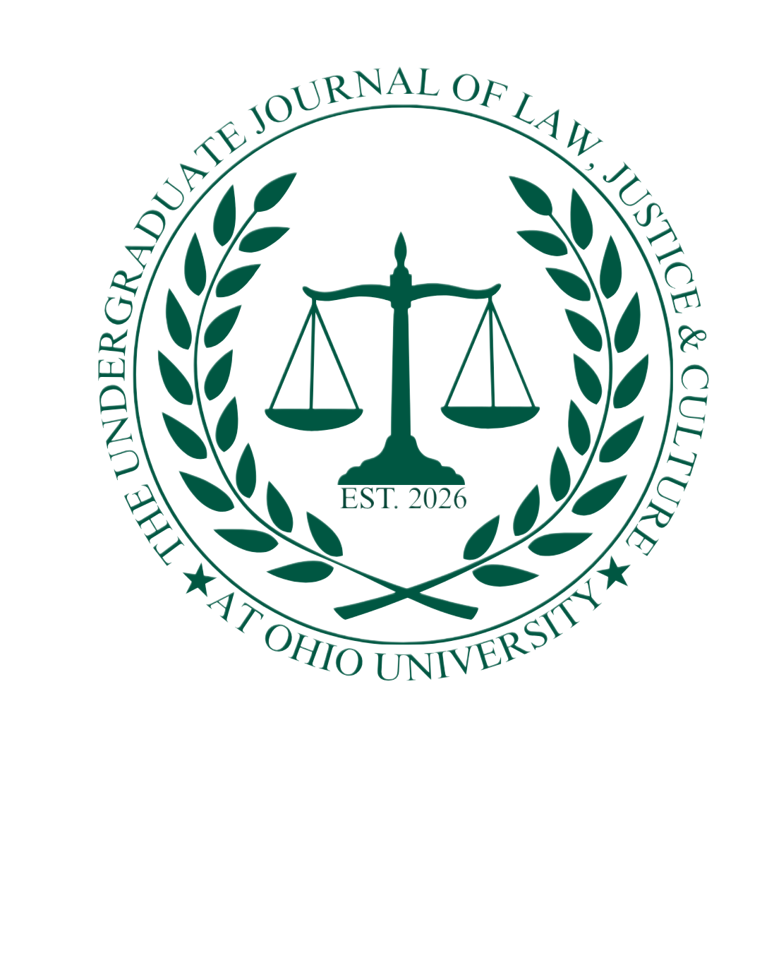 Seal of the Ohio University Justice & Law Society, featuring a balanced scale and laurel wreath, with the text 'The Undergraduate Journal of Law, Justice & Culture at Ohio University, EST. 2026'.