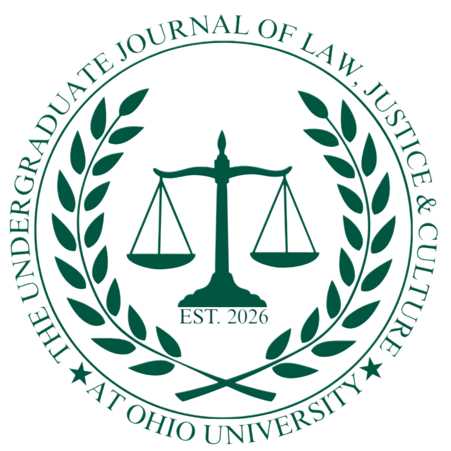 Seal of Ohio University Law Journal of Law, Justice & Culture, featuring balanced scales on a pedestal encircled by laurel branches and the text 'The Undergraduate Journal of Law, Justice & Culture' with establishment year 2026.