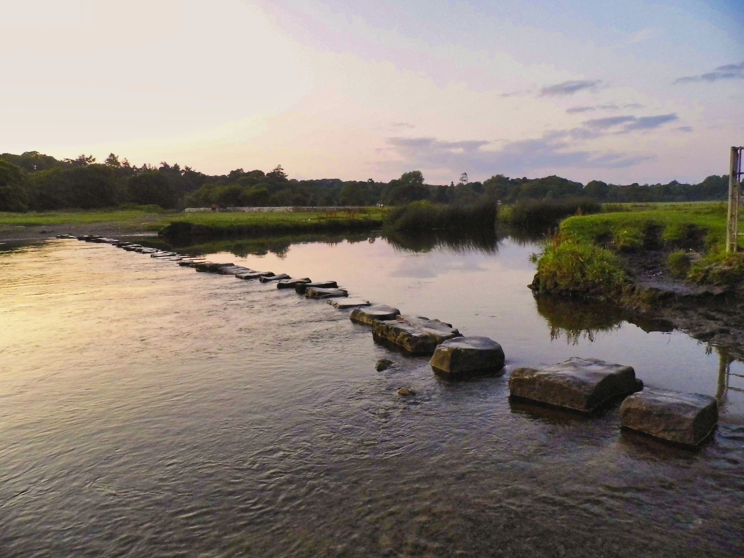 A river or creek with stepping stones laid across it, surrounded by green vegetation and trees under a partly cloudy sky during evening or sunset.
