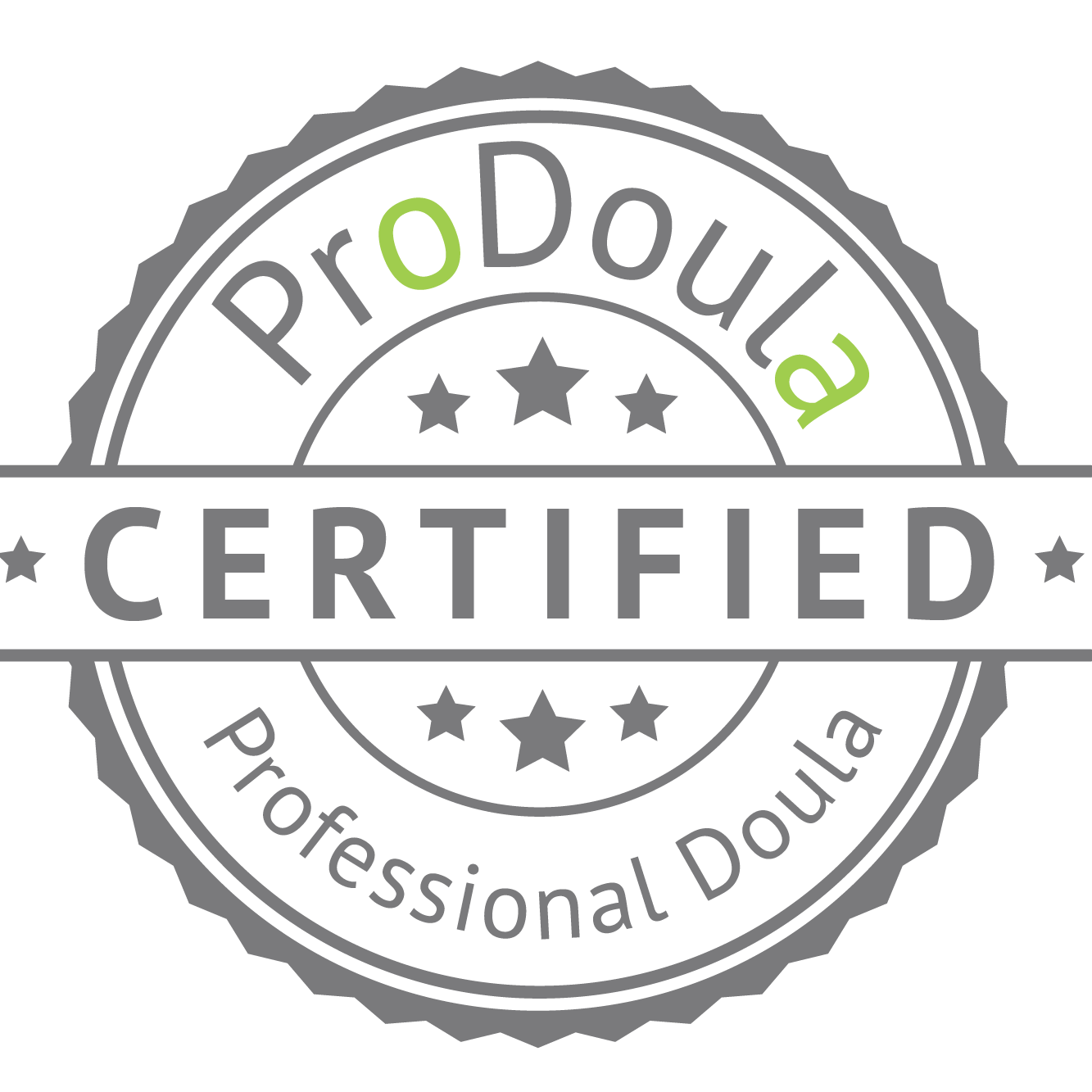 Gray circular badge with the words "Professional Doulas" and "Certified" and five stars.
