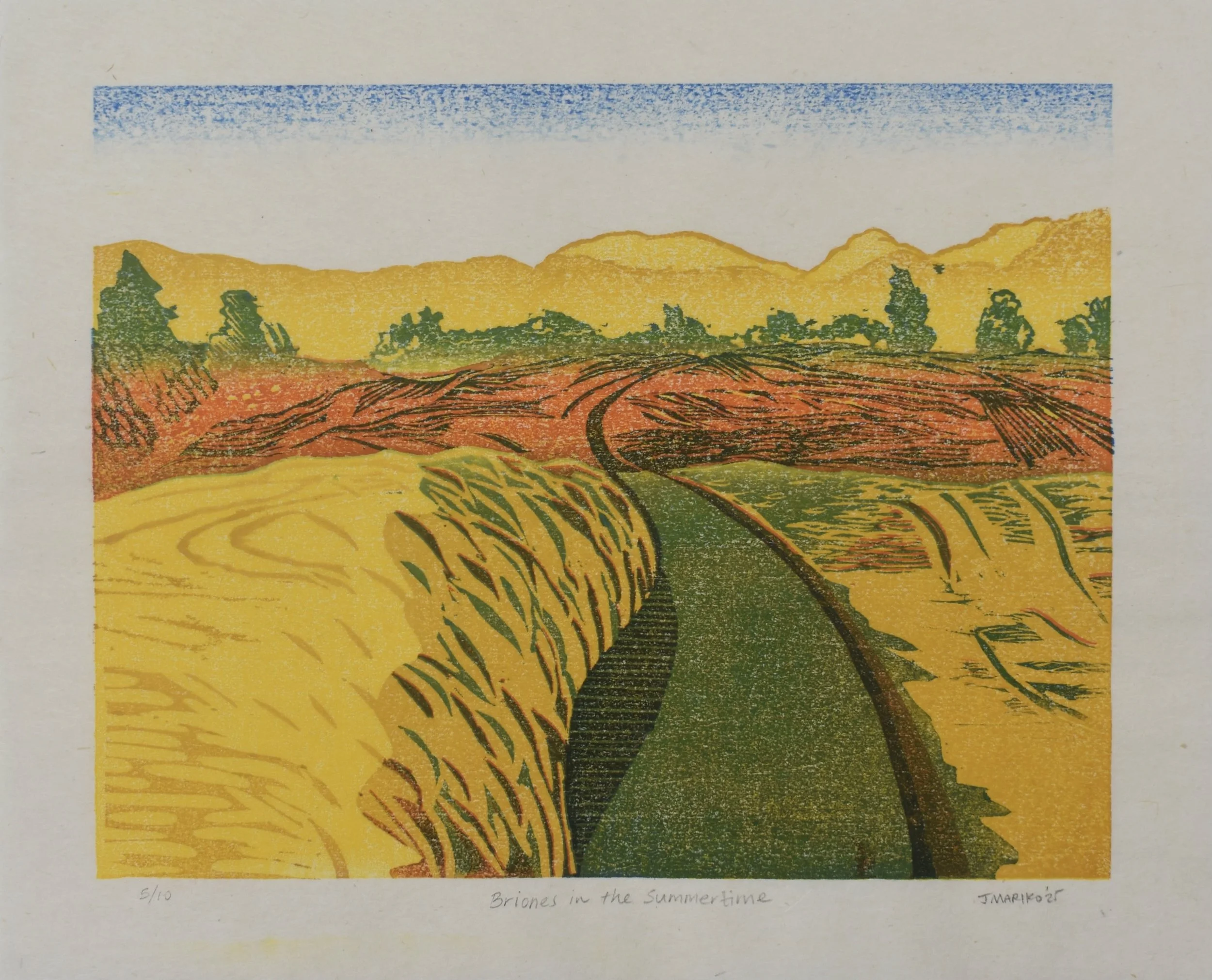 Briones in the Summertime, 7.5x9.6", Mokuhanga reduction on pansion washi, 2025