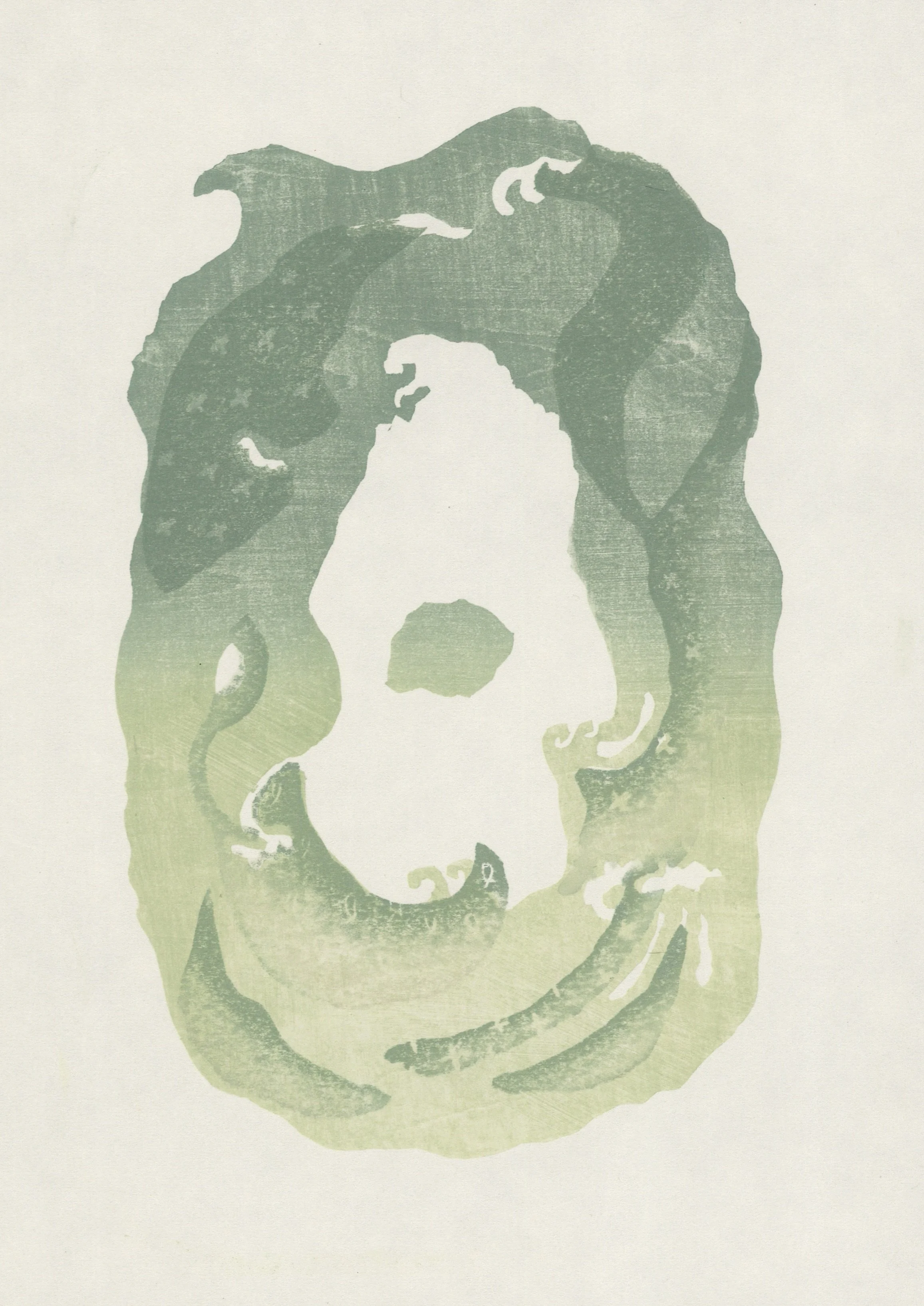 Kaeru, Kawaru (To Return, To Change), 5.3x8.8”, mokuhanga on Iwano torinoko washi, 2024