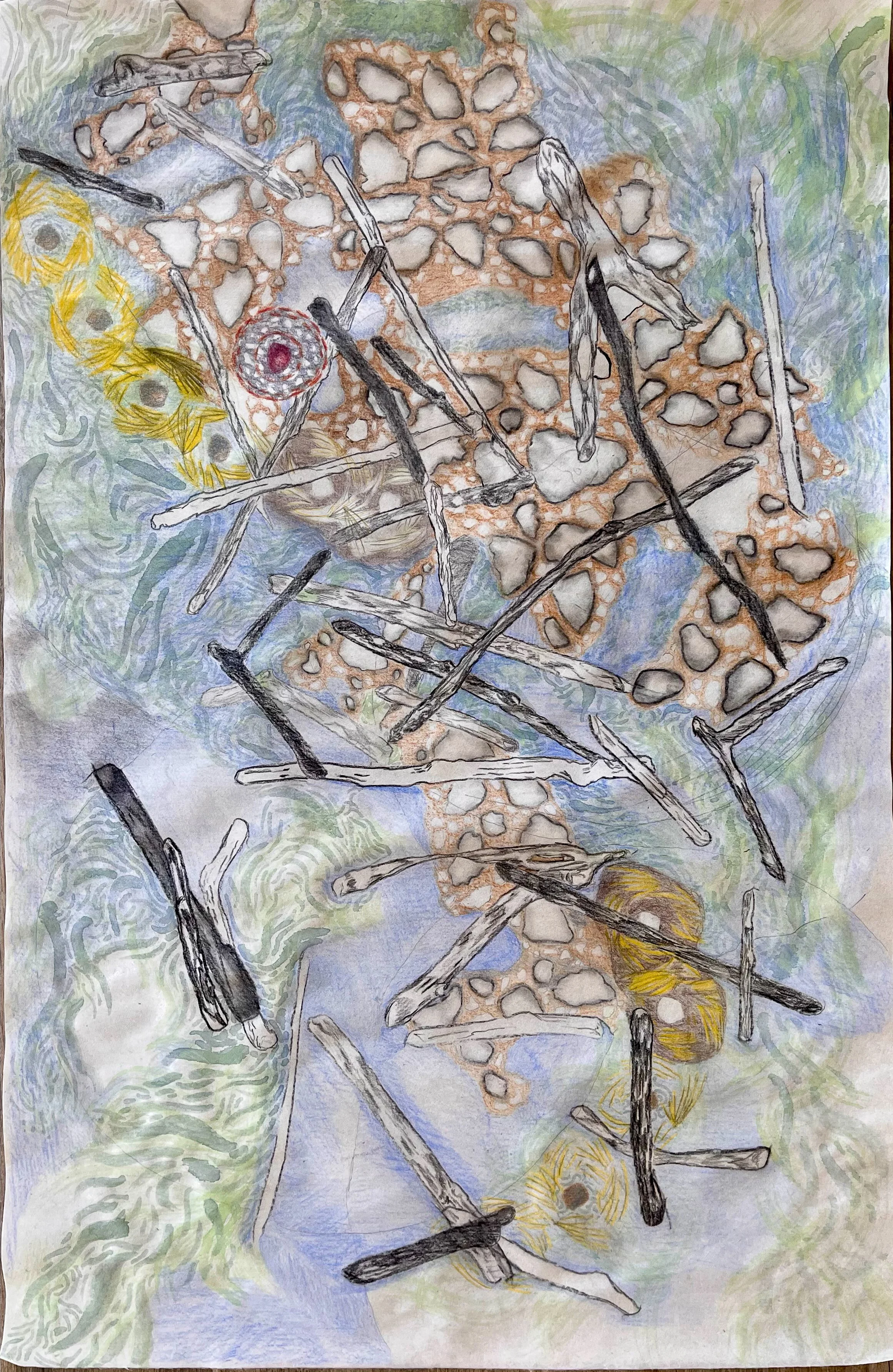 watercolor, charcoal, & colored pencil on pansion washi, 38.5 x 25"