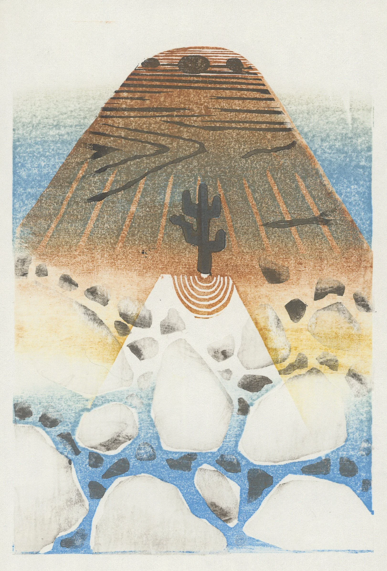 Under the Mountain, 7.5x5”, mokuhanga on hosho washi, 2025