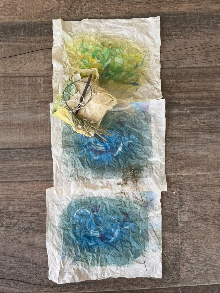 Mokuhanga reduction prints with colored pencil on pansion washi, each 7.75 x 9.5"
