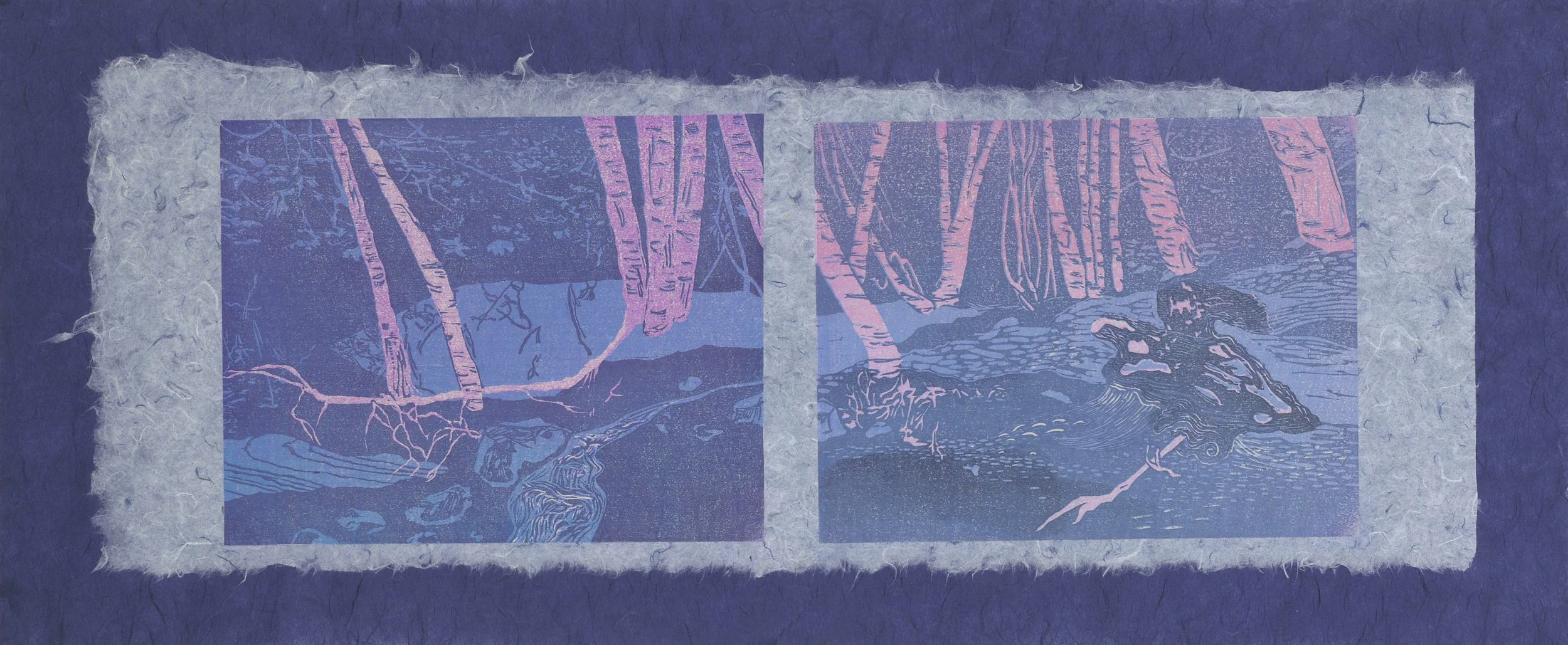 Into the Woods, 30x12.5”, Two reduction mokuhanga prints on pansion washi, mounted on unryu, 2025