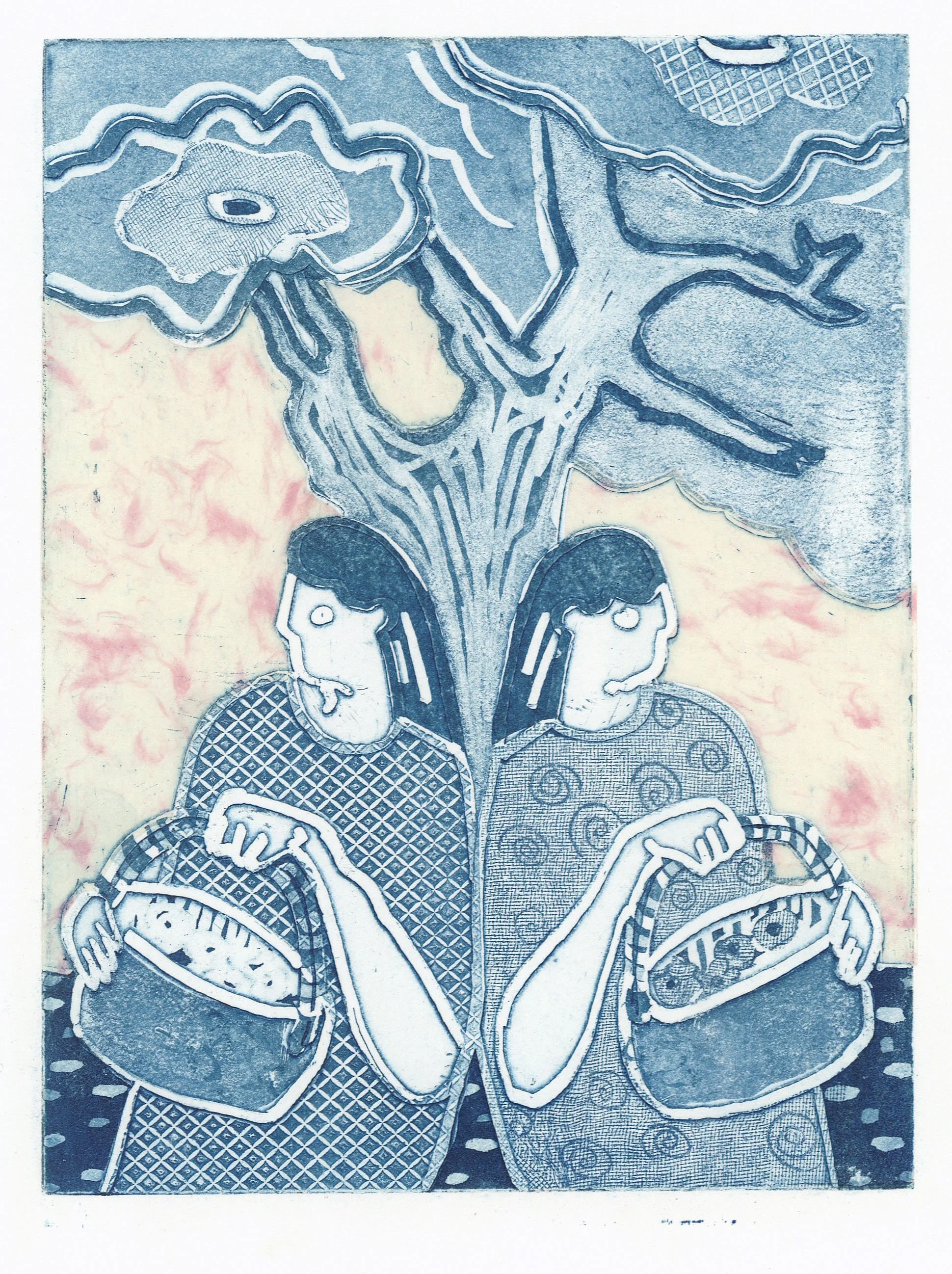 The Two, 6x8”, open bite, soft ground & hard ground etching, aquatint, unryu chine-collé on
BFK, 2025