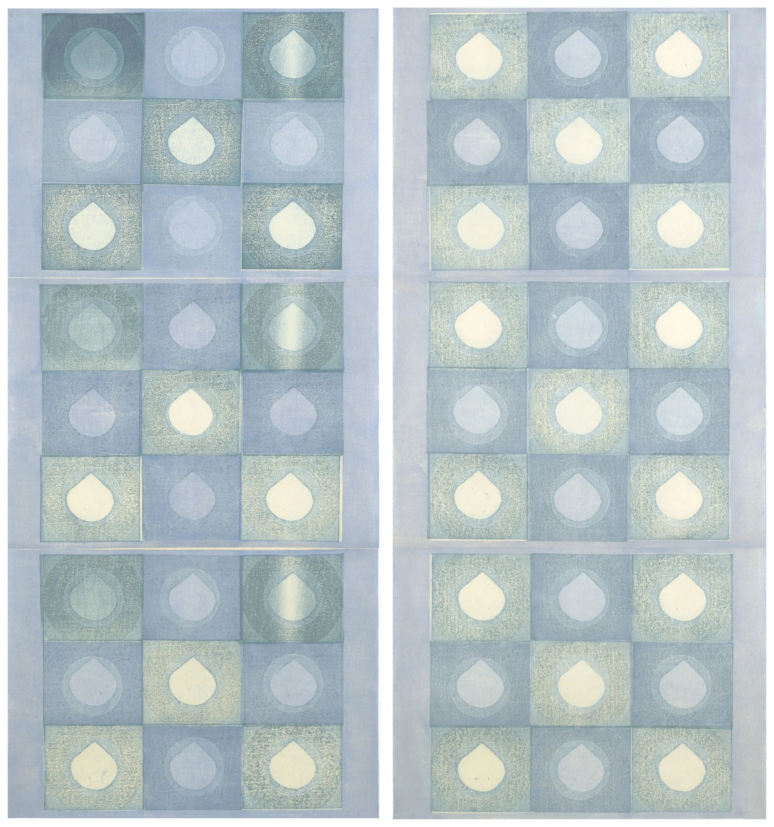 Inner Noren, Drops, 29.5x32.25”, mokuhanga on pansion washi, backed with sekishu washi &
paraffin wax, 2025