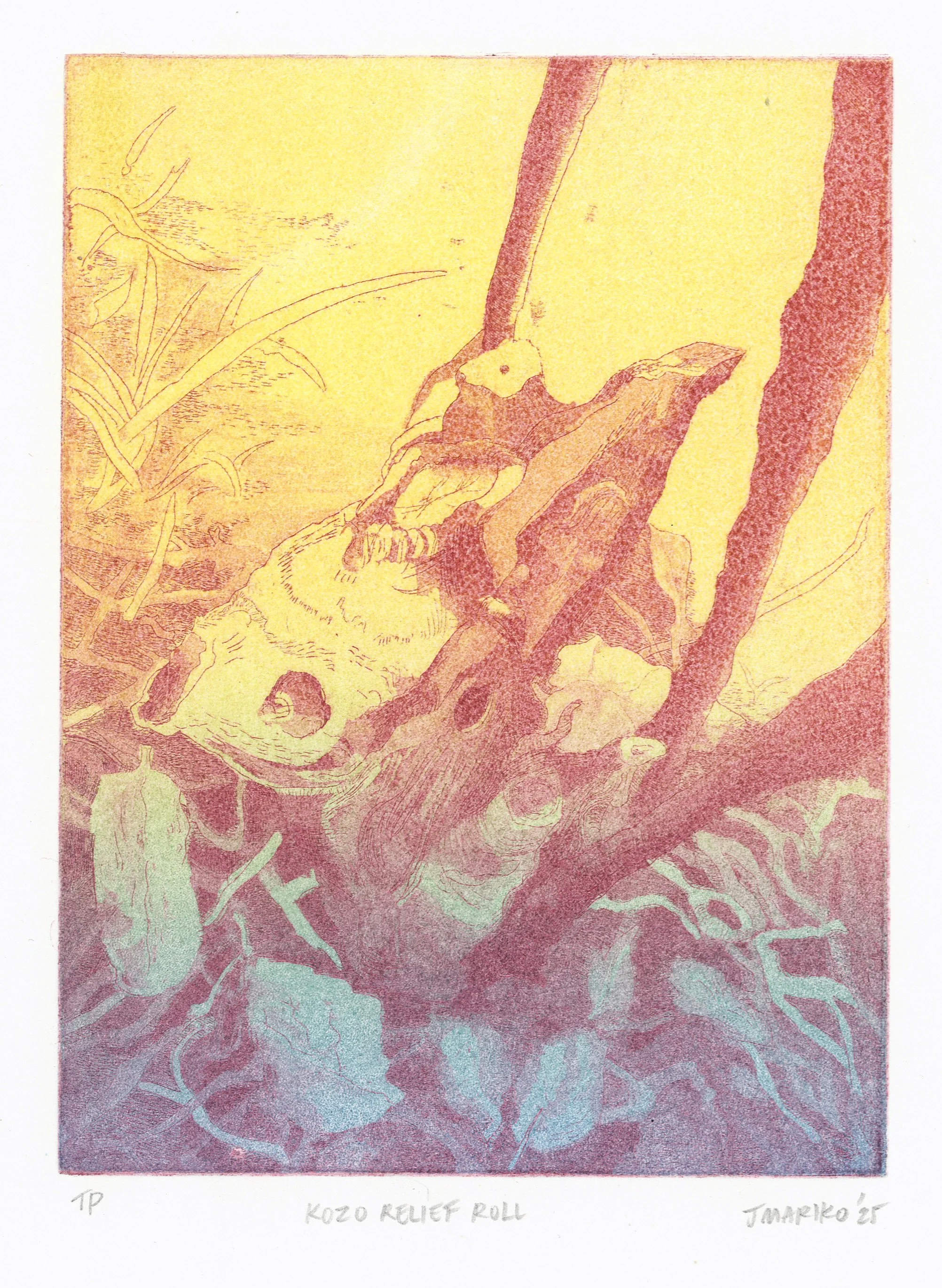 Kozo Relief Roll, 6x8”, aquatint, hard ground etching on BFK, 2025