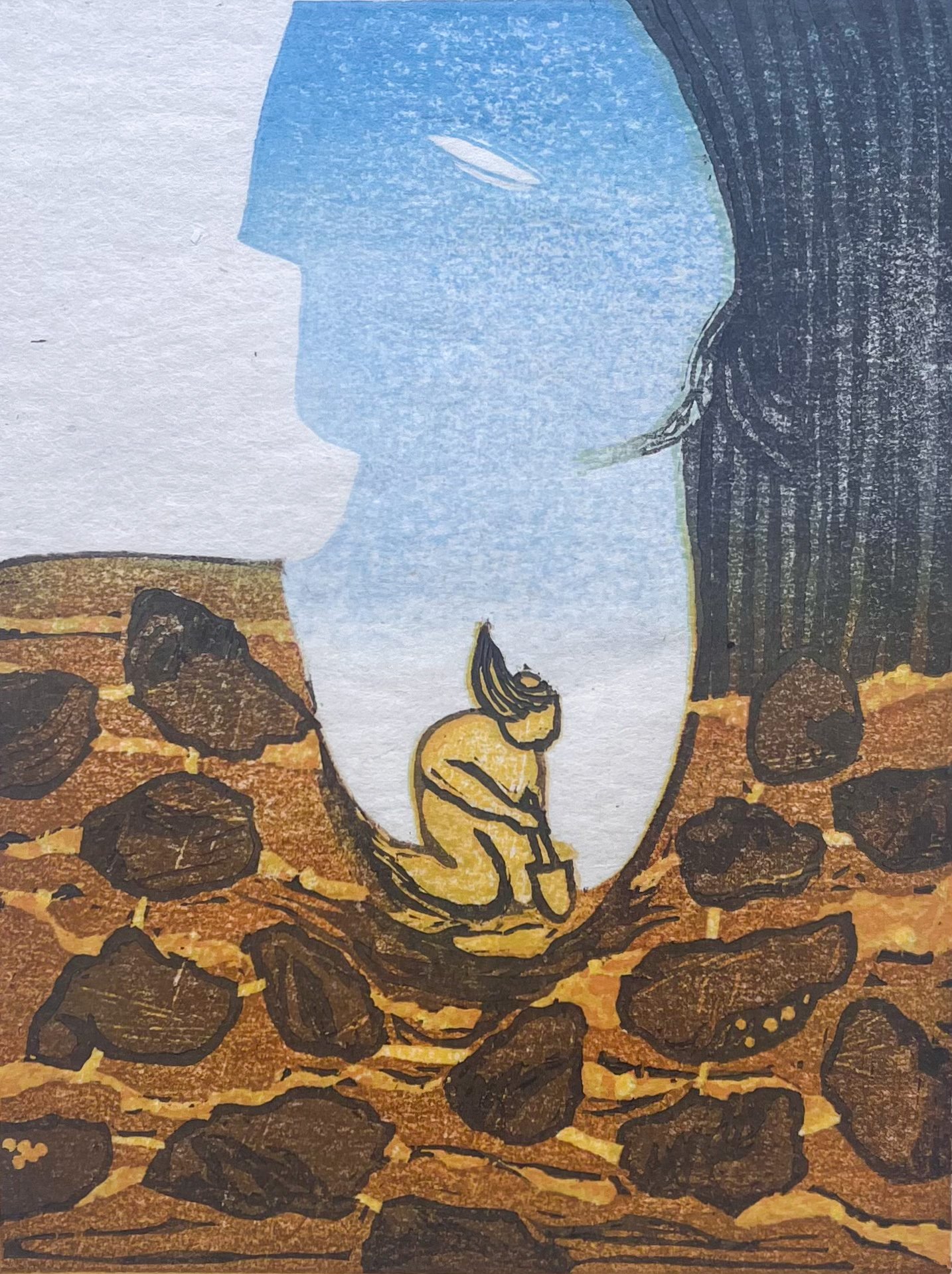 Dig Deep, 8x6", reduction mokuhanga on pansion washi, 2026