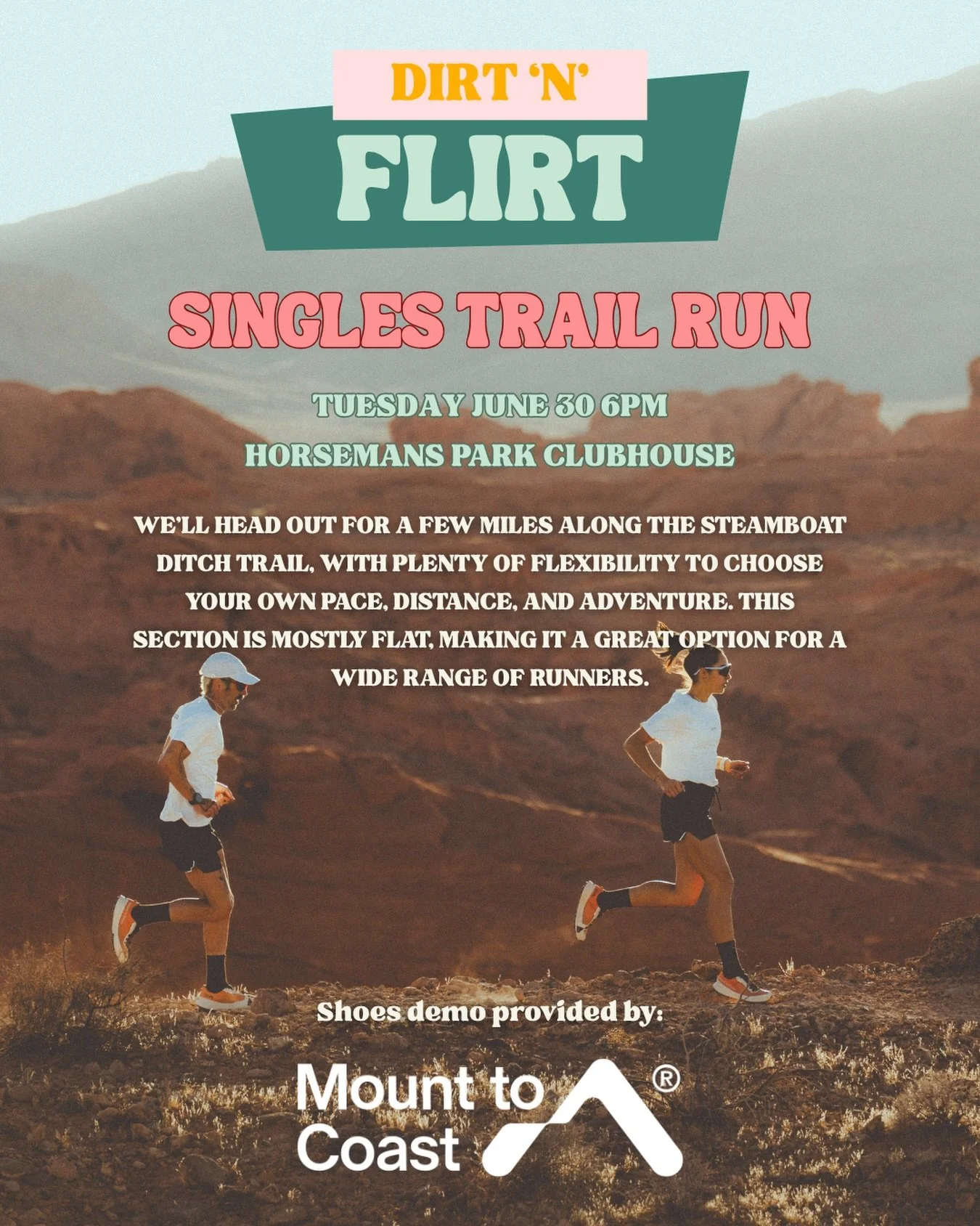 Singles Trail Run + Shoe Demo

Maybe you&rsquo;ll meet your future running partner. Maybe you&rsquo;ll leave with a few new friends. Either way, it&rsquo;s a lot more fun than swiping!

Join us for a fun, low-pressure trail run along the Steamboat Di