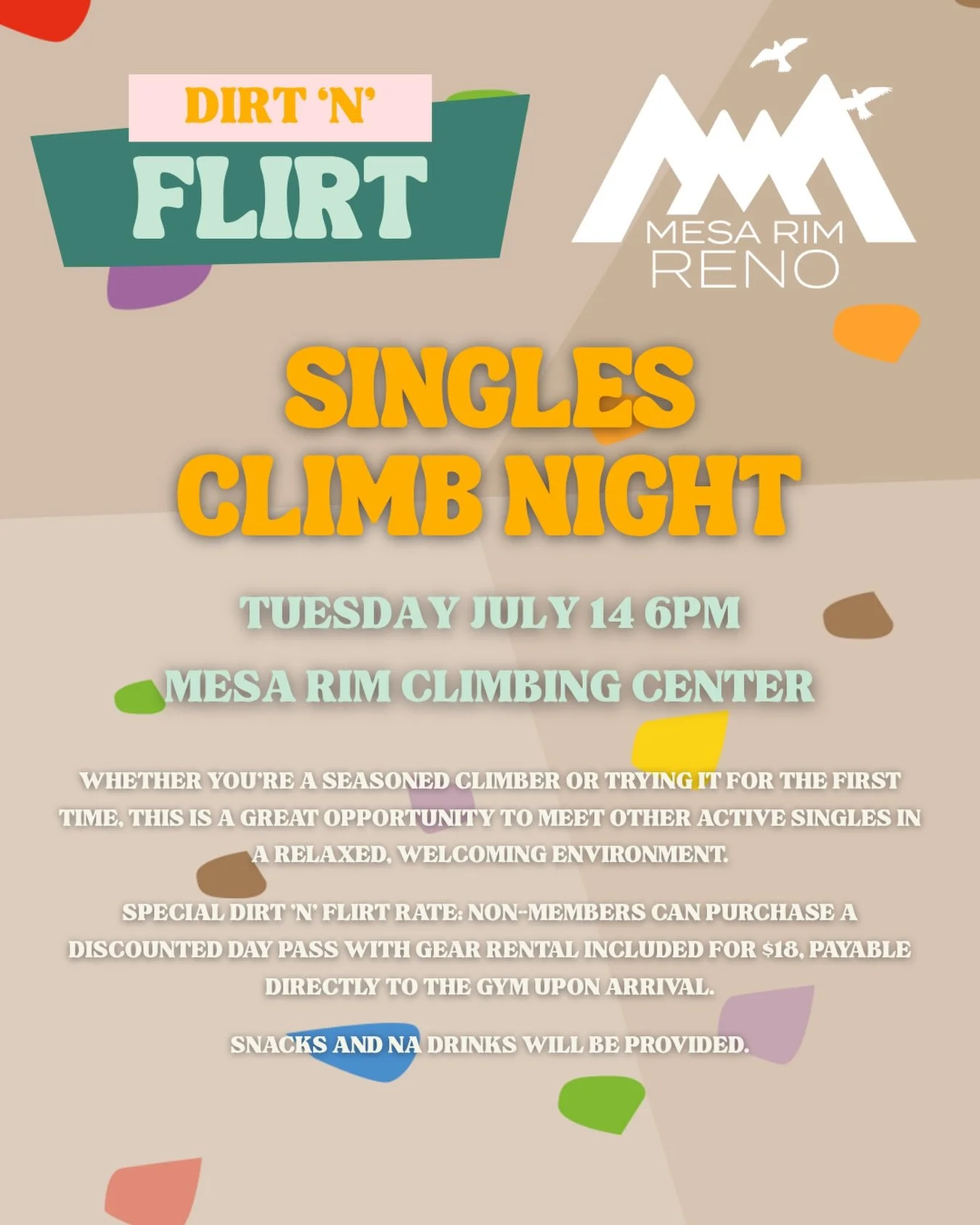 Singles Climb Night is here!

If you&rsquo;ve been wanting to meet people outside of the apps, this is your chance!

Join us at @mesarimreno for an evening of climbing, conversation, and meeting other active singles in a fun, low-pressure environment