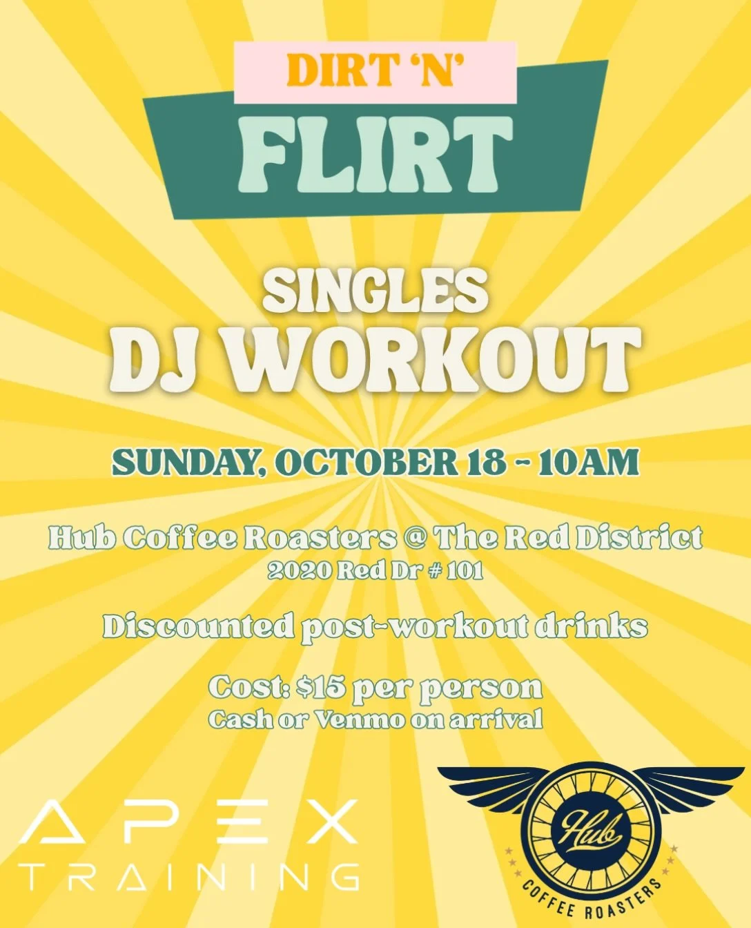 Sunday plans: workout, good music, coffee, and meeting some new people! 

Join @dirtnflirt Sunday, October 18 at 10 AM at @hubcoffeeroasters at the Red District for a DJ-powered workout led by @jefeallday, owner of @apexgymnv.

It&rsquo;s going to be