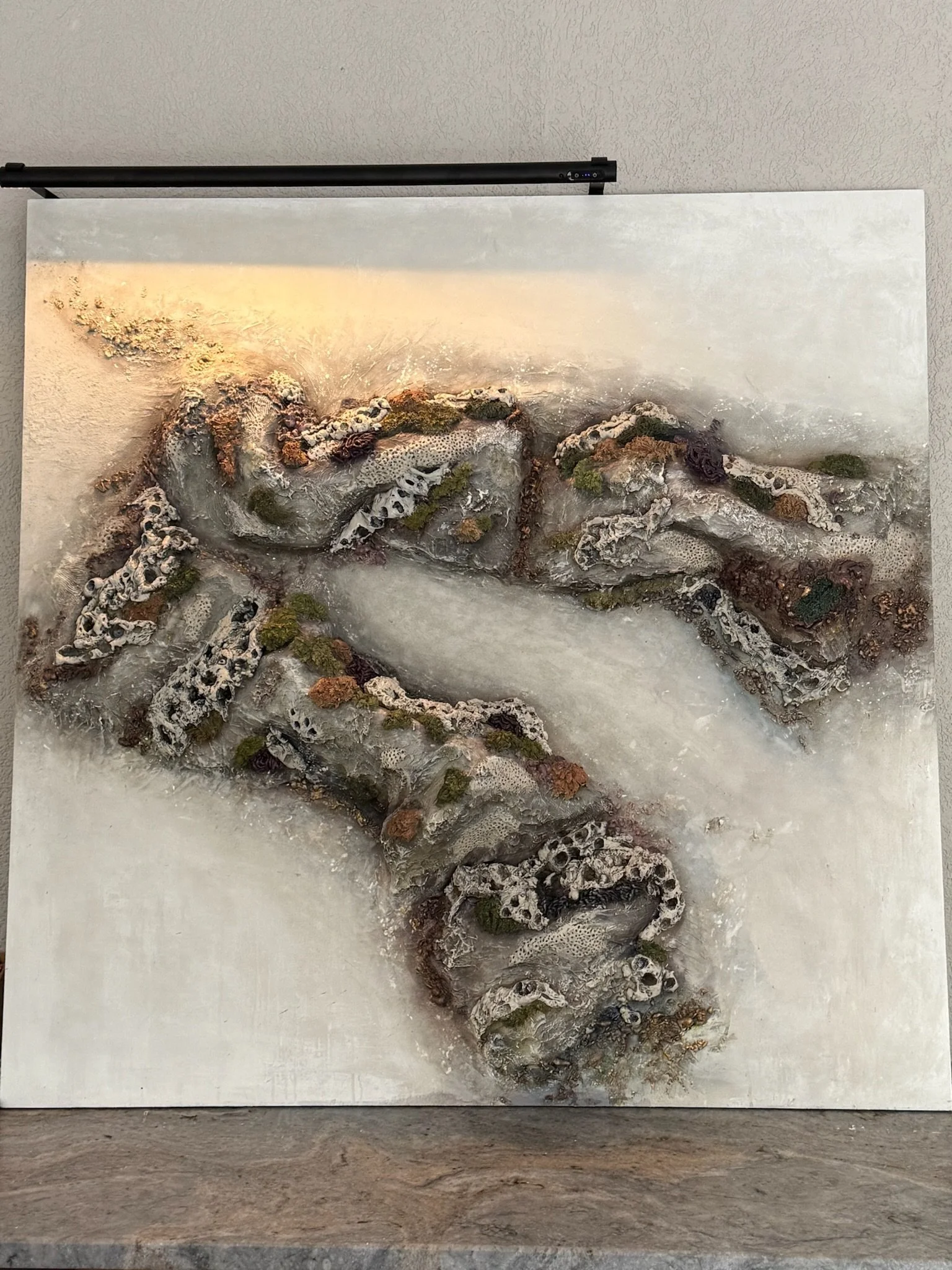 Abstract textured painting with organic shapes and earthy colors on canvas, mounted on a wall above a wooden surface.