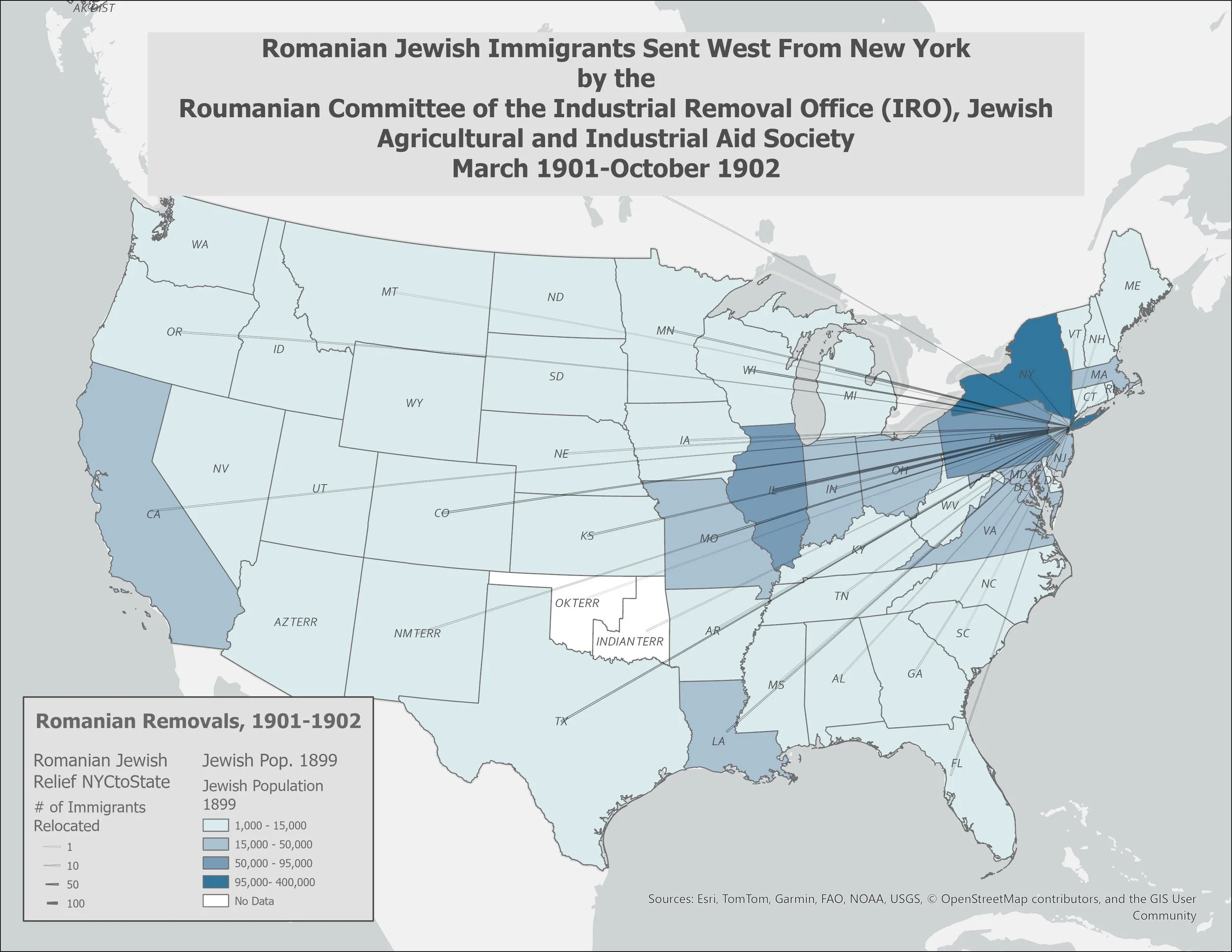 Map of the United States showing the distribution of Romanian Jewish immigrants sent west from New York between March 1901 and October 1902, with areas shaded in blue indicating the number of immigrants relocated, ranging from 1,000 to over 400,000.