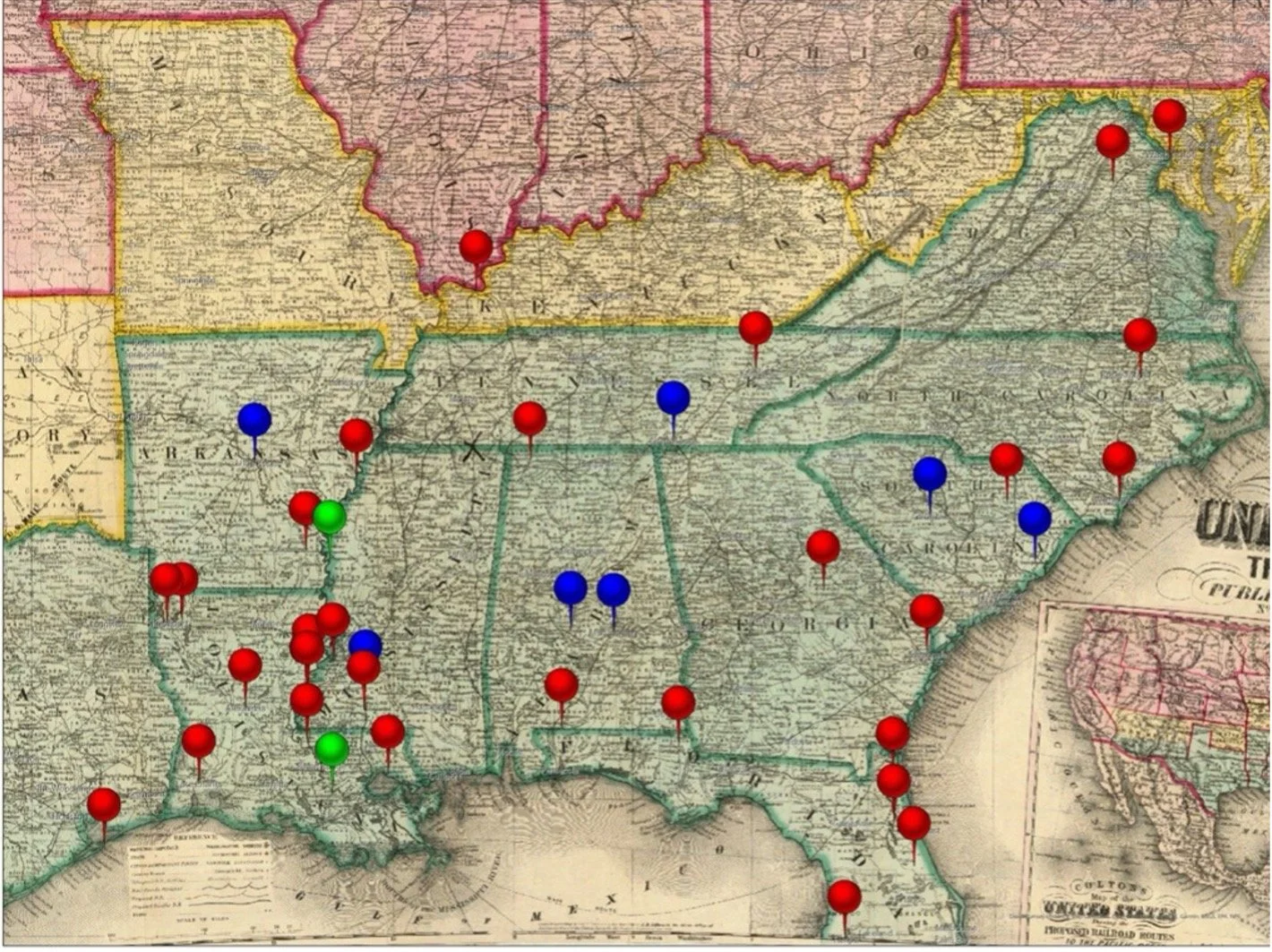 A historical map of the United States with colored pins marking locations across the country.