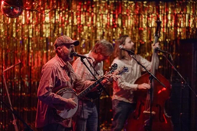 Three musicians performing with a banjo, guitar, and double bass on a stage with gold tinsel curtains in the background.