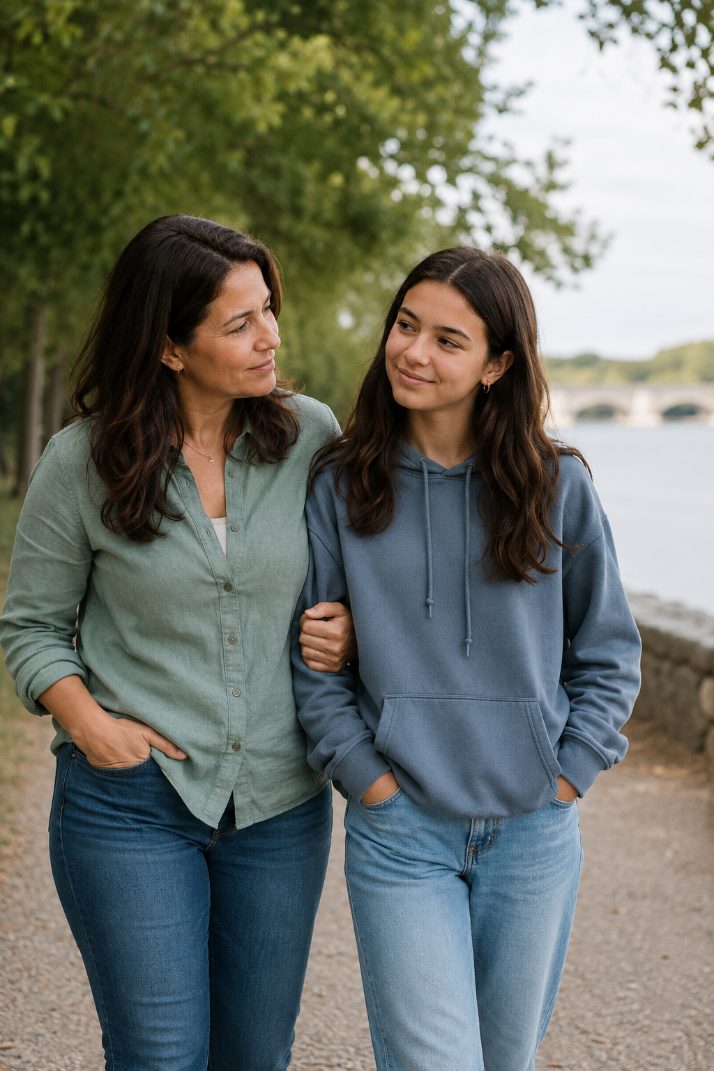 A woman and teenage girl walk arm-in-arm outdoors near a body of water with trees and a bridge in the background, smiling at each other.