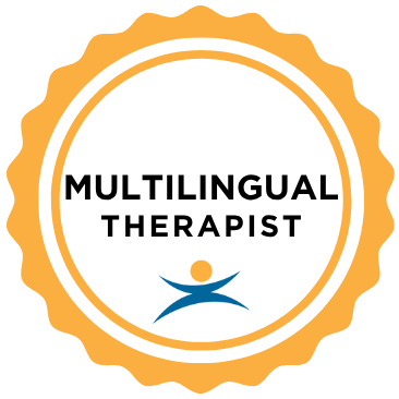 A badge with a gold scalloped border that reads 'Multilingual Therapist' and features a stylized human figure.