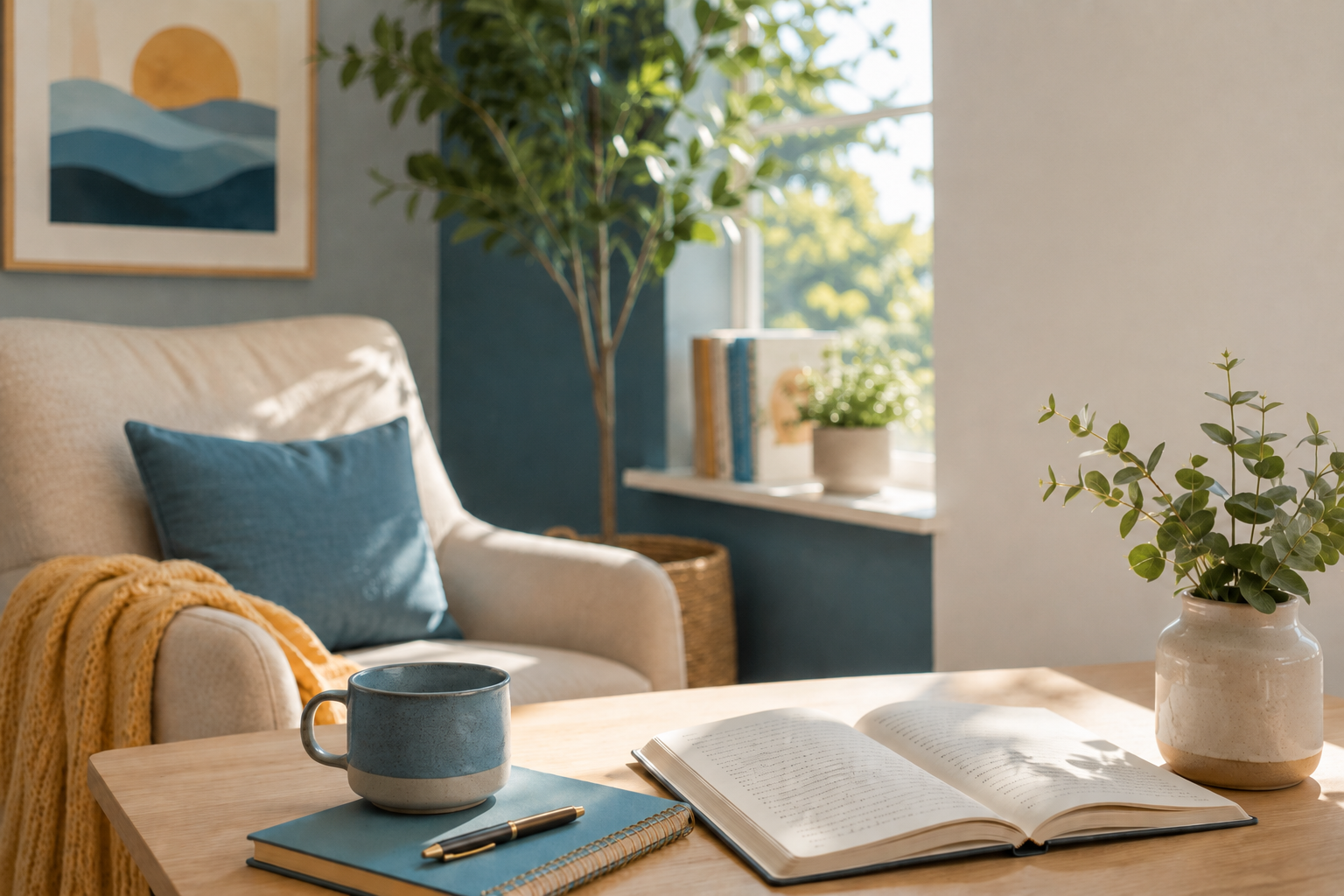 Cozy living room with a wooden table holding an open book, a blue and beige mug, a pen, and a closed journal. In the background, there is a beige armchair with a blue pillow and a yellow blanket, next to a window with sunlight and greenery outside. The room is decorated with indoor plants and art on the wall.
