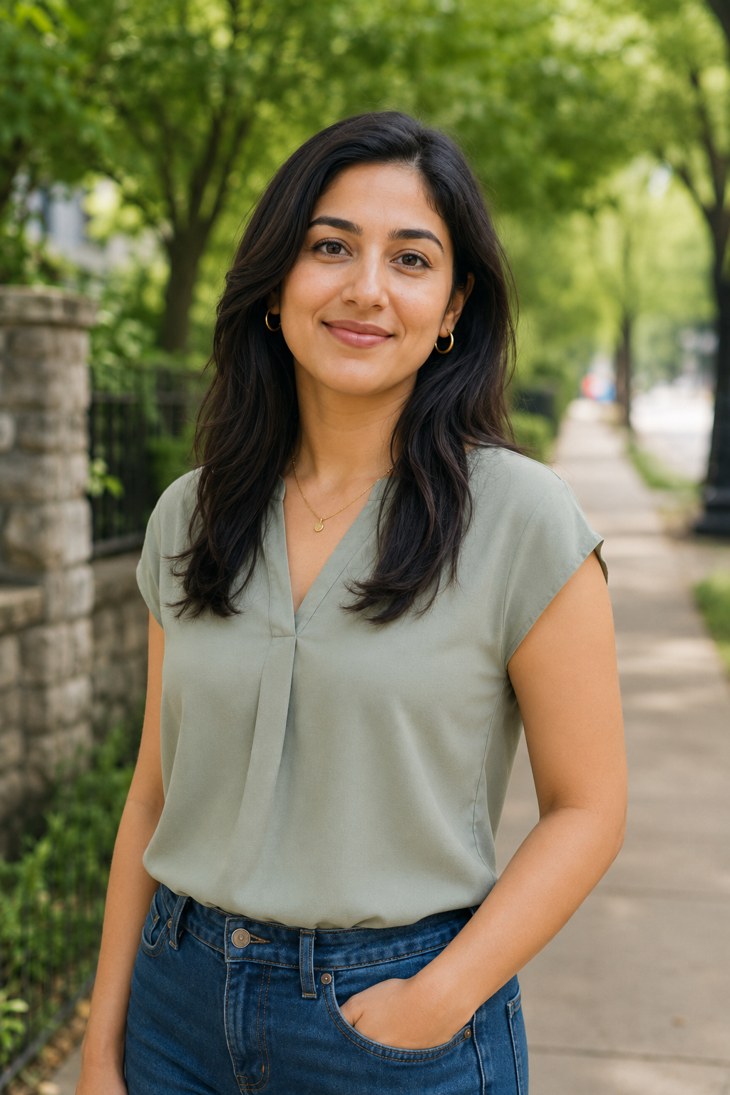 A young woman with dark hair and earrings standing on a sidewalk with green trees in the background.