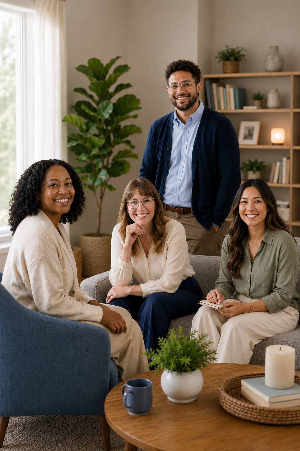 Group of four smiling women and one smiling man in a cozy living room with a large window, bookshelf, and houseplants, sitting and standing around a coffee table.