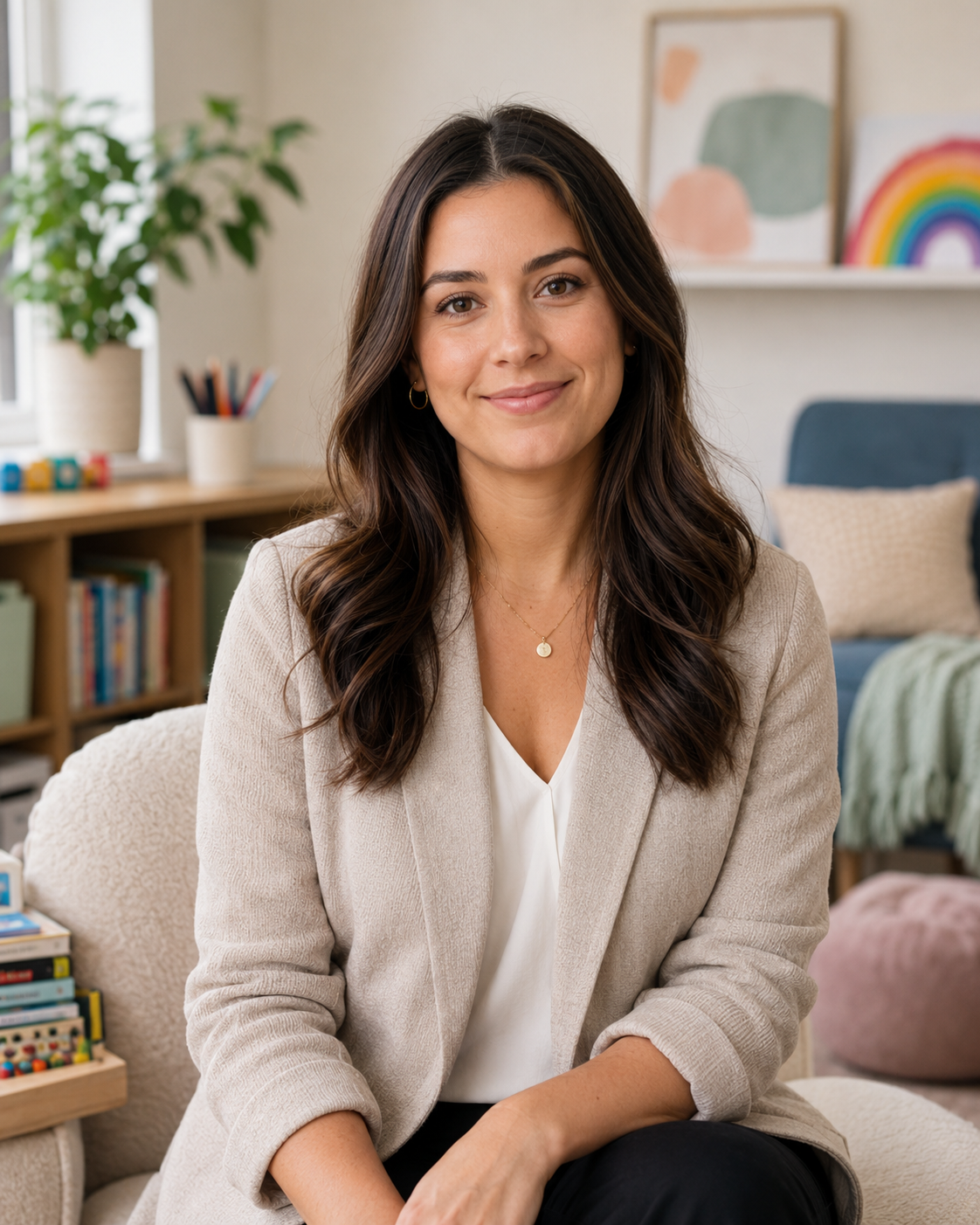 A woman with wavy brown hair, wearing a beige blazer and white top, sitting in a cozy room with art, a bookshelf, and a plant in the background.