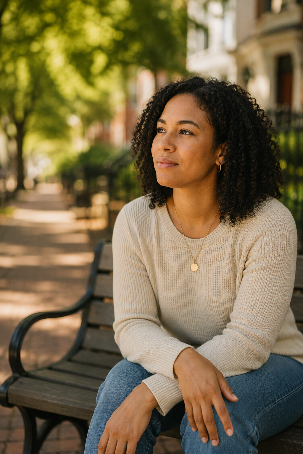 A woman with curly hair wearing a cream sweater and jeans sitting on a park bench, looking thoughtfully into the distance with a background of trees and residential buildings.