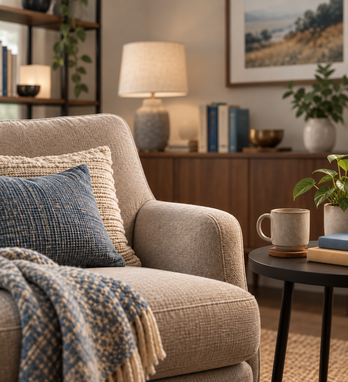 Cozy living room corner with beige sofa, blue and cream textured pillows, a knitted throw blanket, a black side table with a coffee mug, potted plant, and a wooden cabinet with books, a lamp, and wall art in the background.