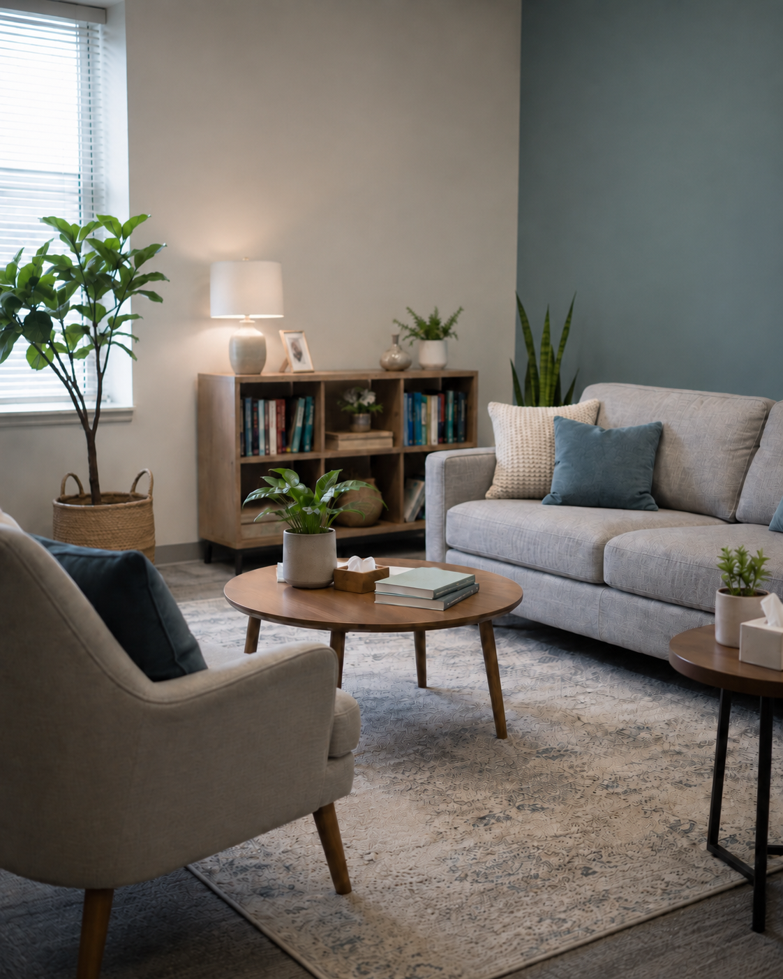 Cozy living room with white sofa, blue and beige cushions, wooden coffee table with plants, bookshelf, armchair, and large window with blinds.