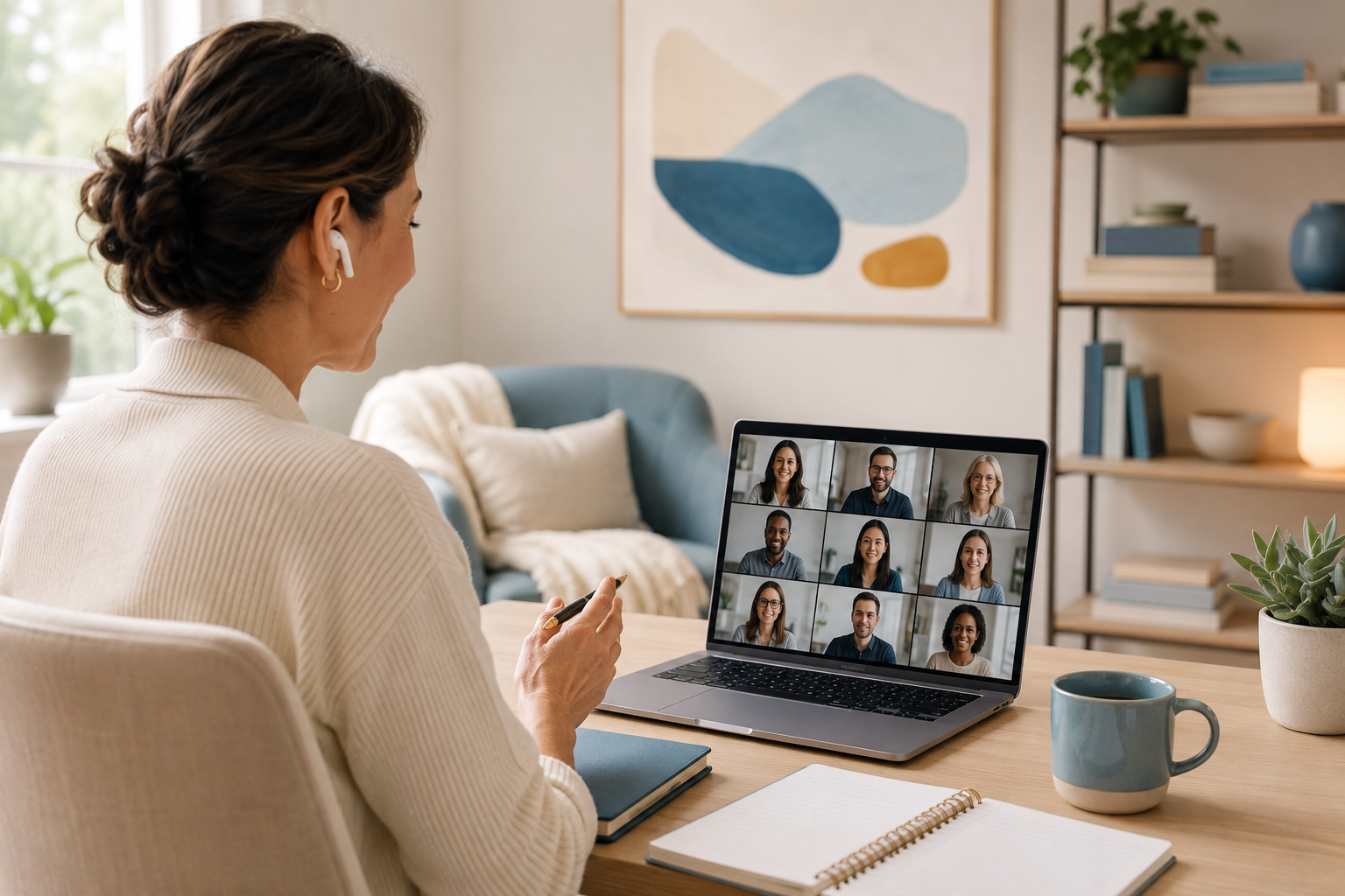 Woman participating in a virtual meeting on her laptop with multiple smiling people on the screen, sitting in a cozy, well-lit room with a bookshelf, artwork, and houseplants.