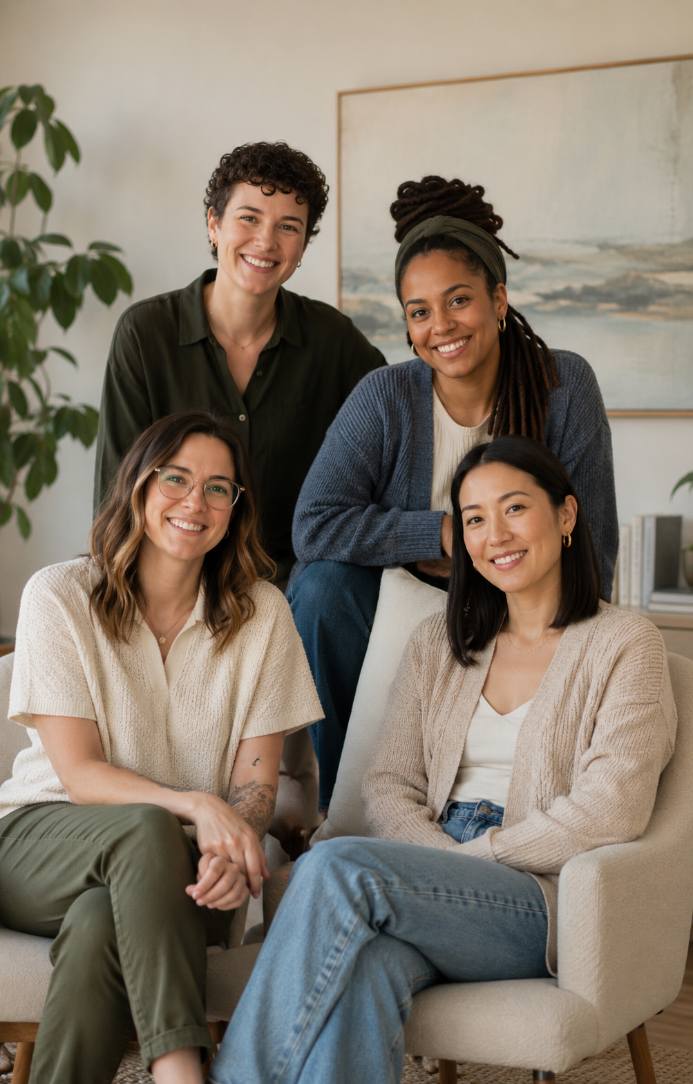 Five women of diverse backgrounds smiling together in a cozy living room, with two women seated on a beige armchair and three standing behind them.