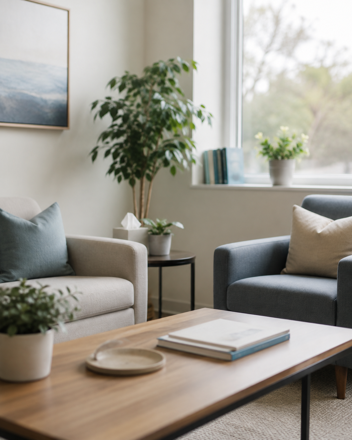 A cozy living room featuring a wooden coffee table with a plant, a stack of books, and a decorative dish. Two armchairs with cushions, a side table with a plant and tissue box, a large leafy plant, and a window with a potted plant and books on the windowsill.
