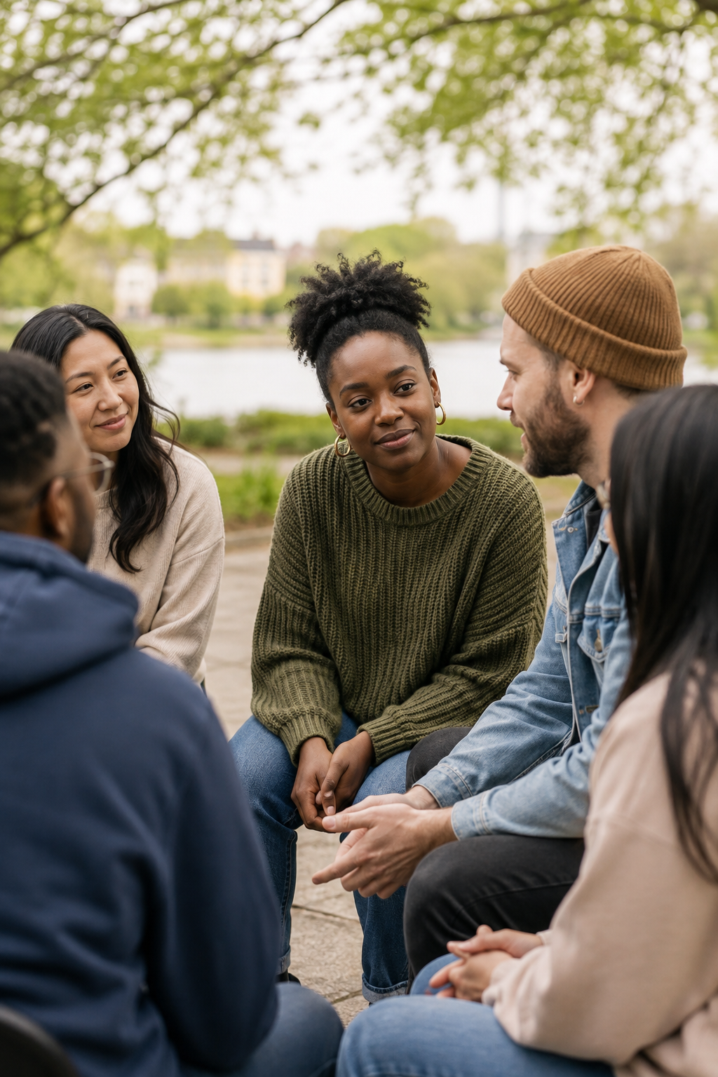 Group of diverse people sitting outdoors near a lake, engaging in conversation with trees and buildings in the background.