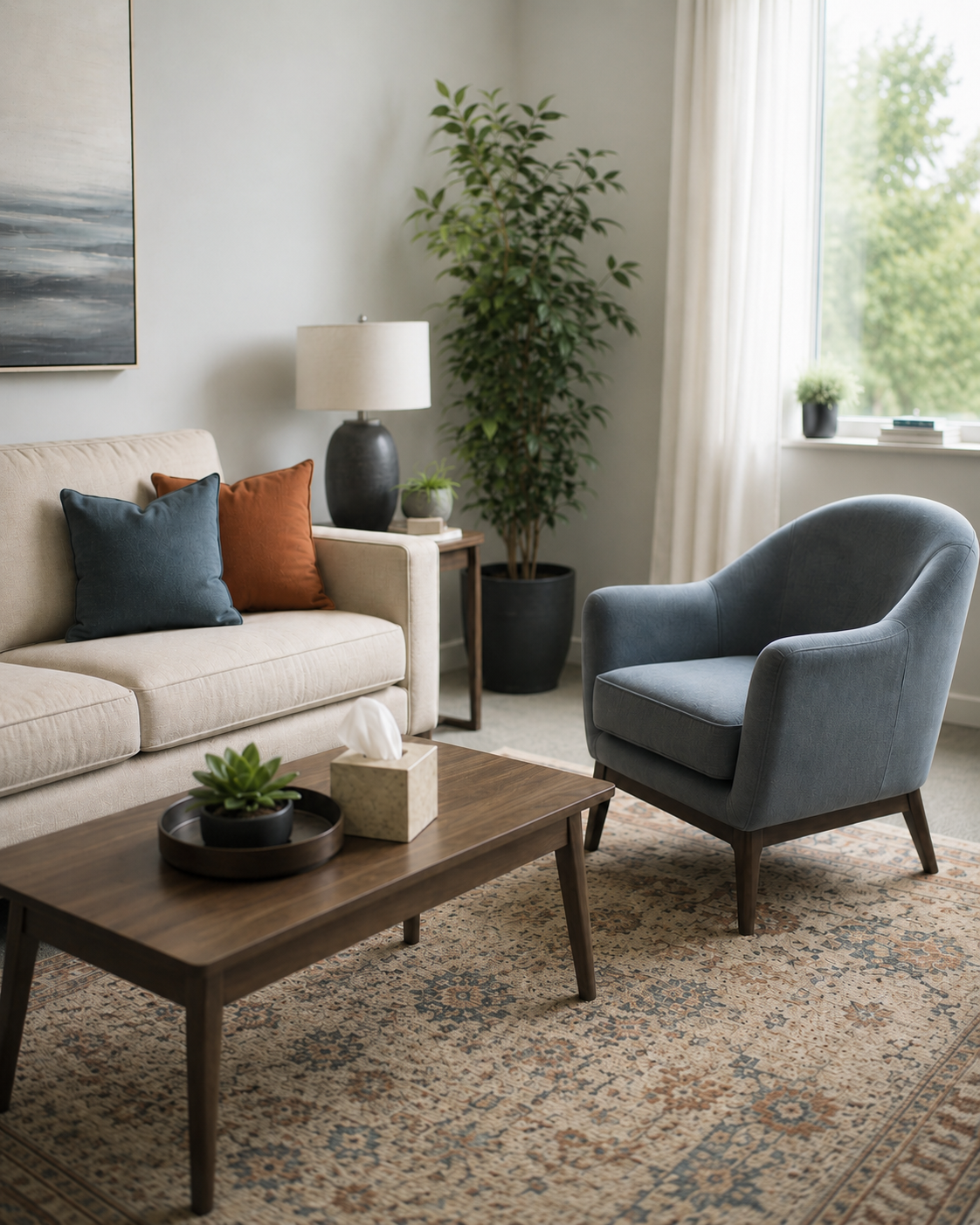 A living room with a beige sofa with two throw pillows, one blue and one rust-colored, a wooden coffee table with a plant, tissue box, and tray, a blue armchair, a tall potted plant, a side table with a lamp and small plants, a window with curtains, a patterned rug, and a piece of artwork on the wall.