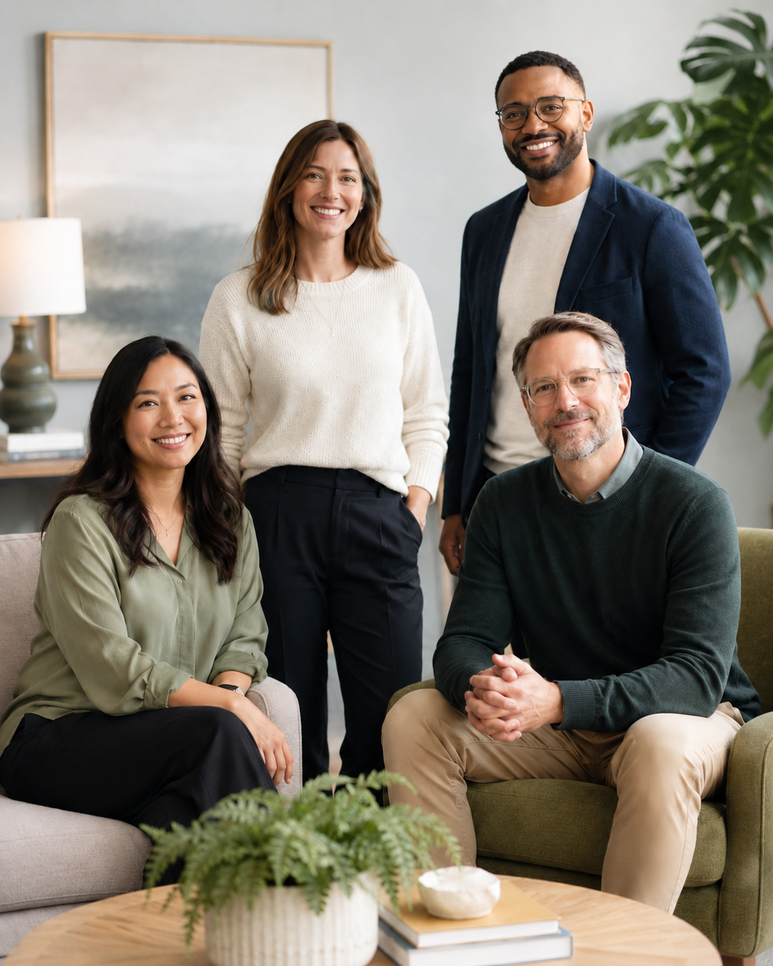 Group of four diverse professionals in an office lounge, smiling for the camera, with a plant and decorative items in the background.