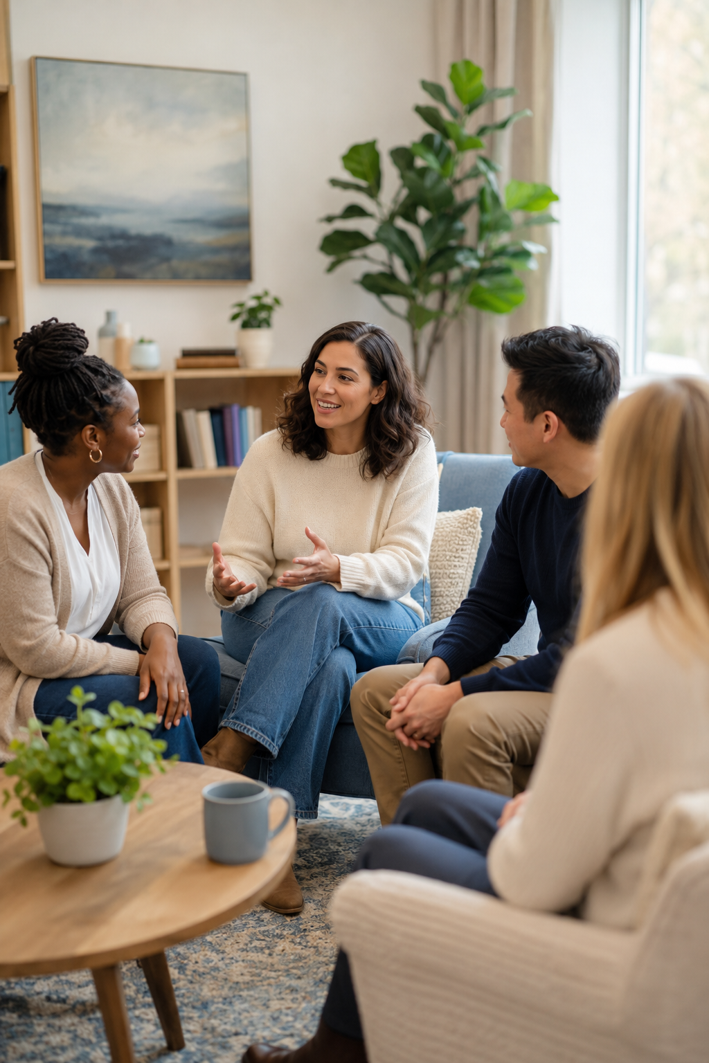 Group of five diverse adults sitting on couches and engaging in a lively discussion in a cozy, well-lit living room with plants and artwork.