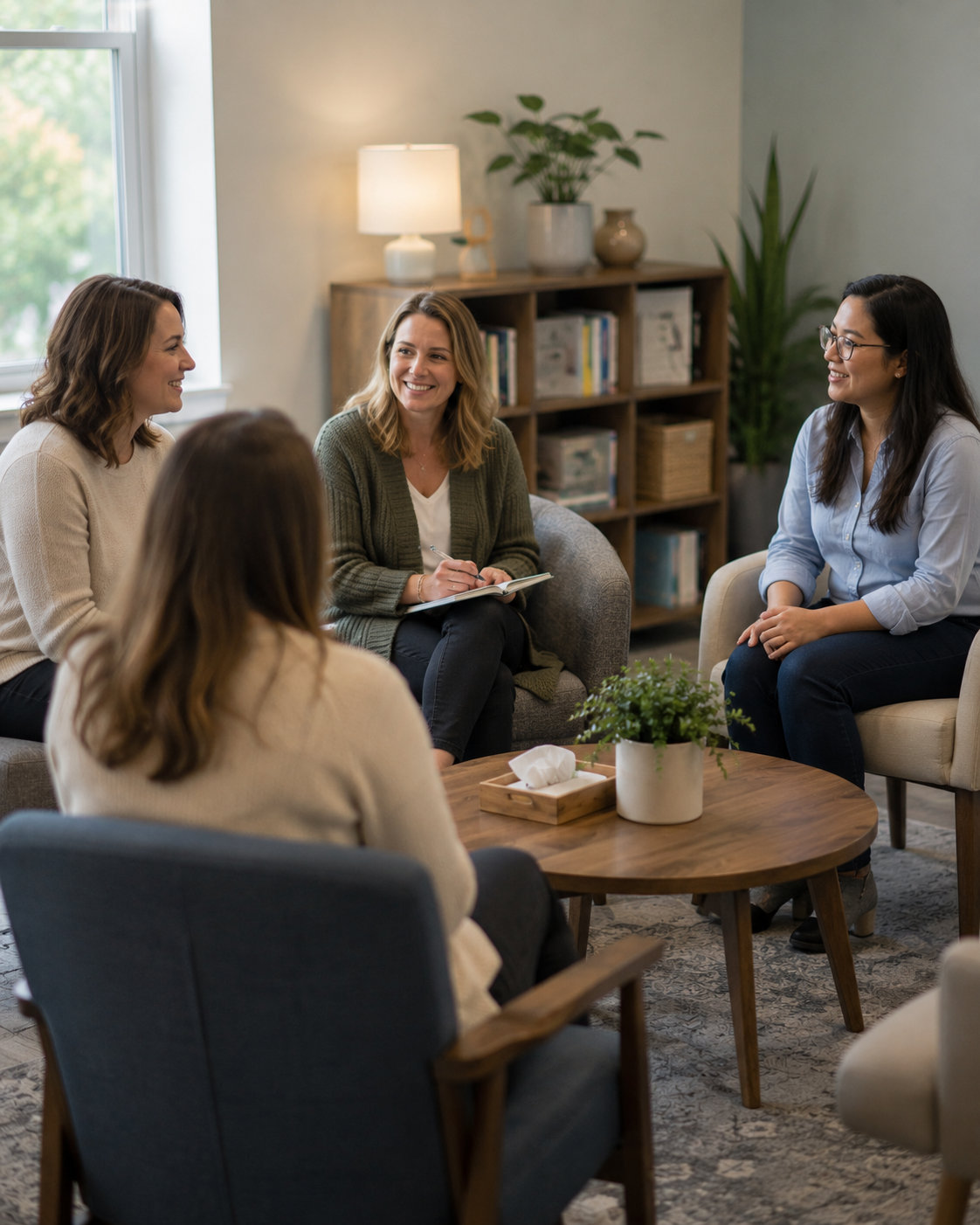 Five women having a discussion in a cozy, well-lit room with a bookshelf, plants, and a lamp in the background.